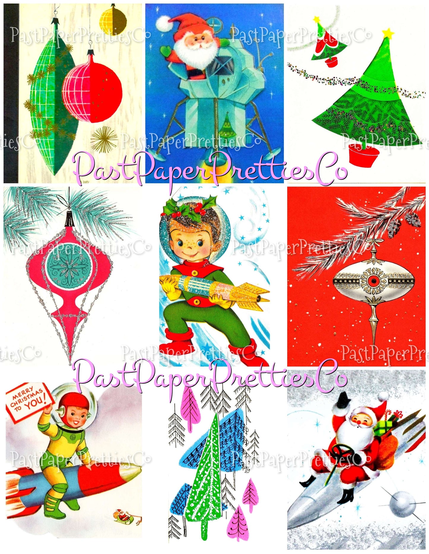 Vintage Christmas Printable MCM Outer Space Atomic Rocket Ship Card Collage Images PDF Instant Digital Download Retro Astronaut Santa Kids