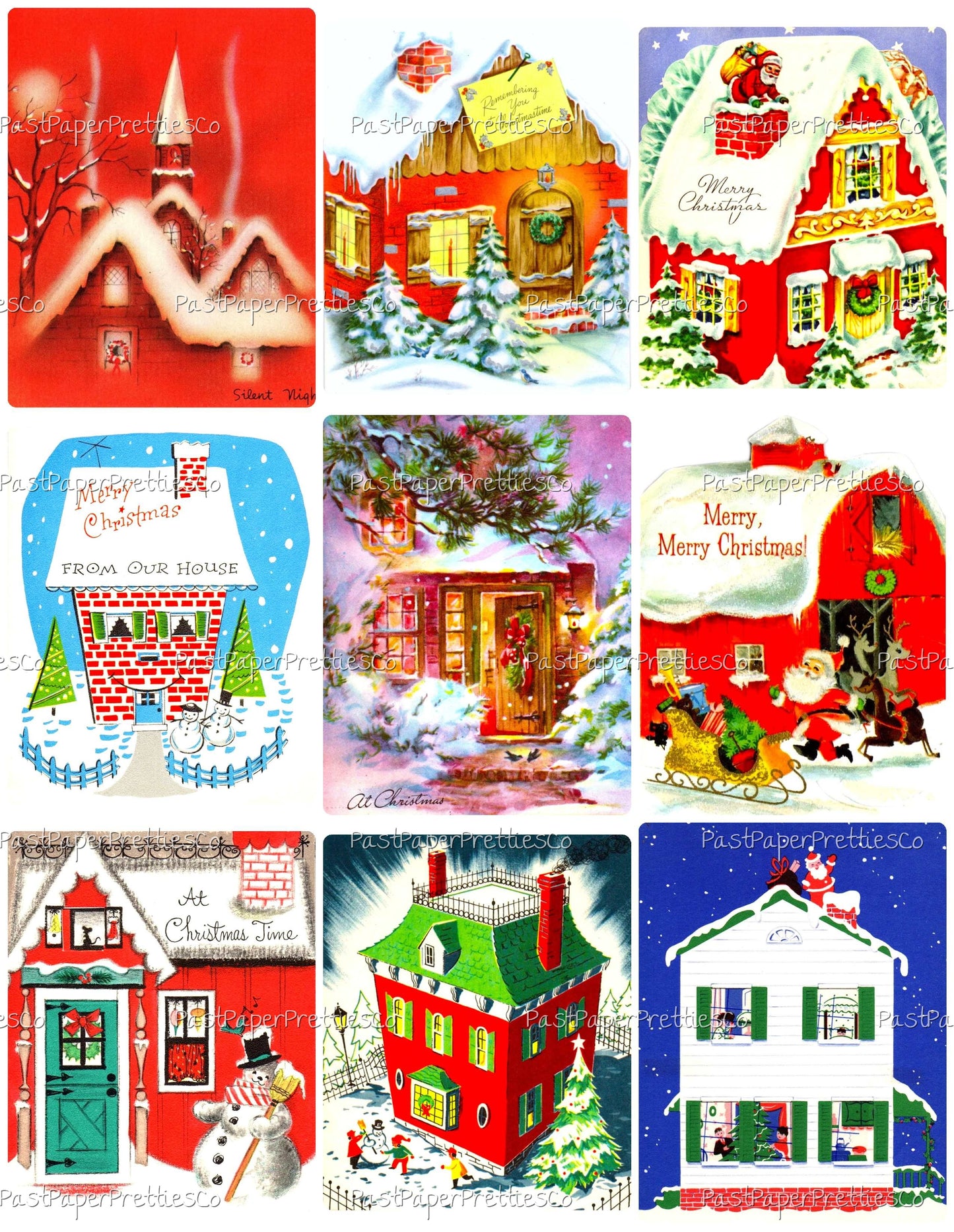 Vintage Printable Christmas Houses Snowy Outdoor Holiday Homes Collage Sheets Retro MCM Card 89 Images PDF Instant Digital Download