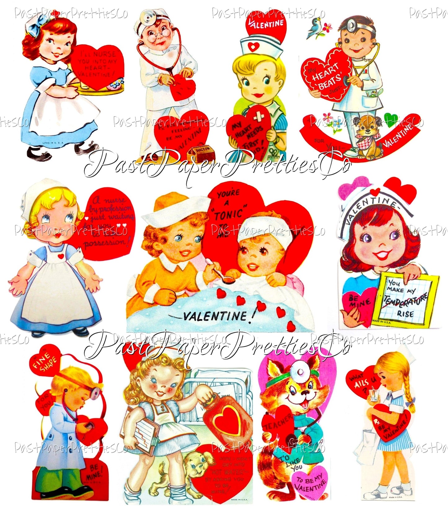 Vintage Valentines Day Doctor Nurse Themed Printable Card Image Collage Sheets PDF Instant Digital Download 36 ALL Cute Medical Hospital