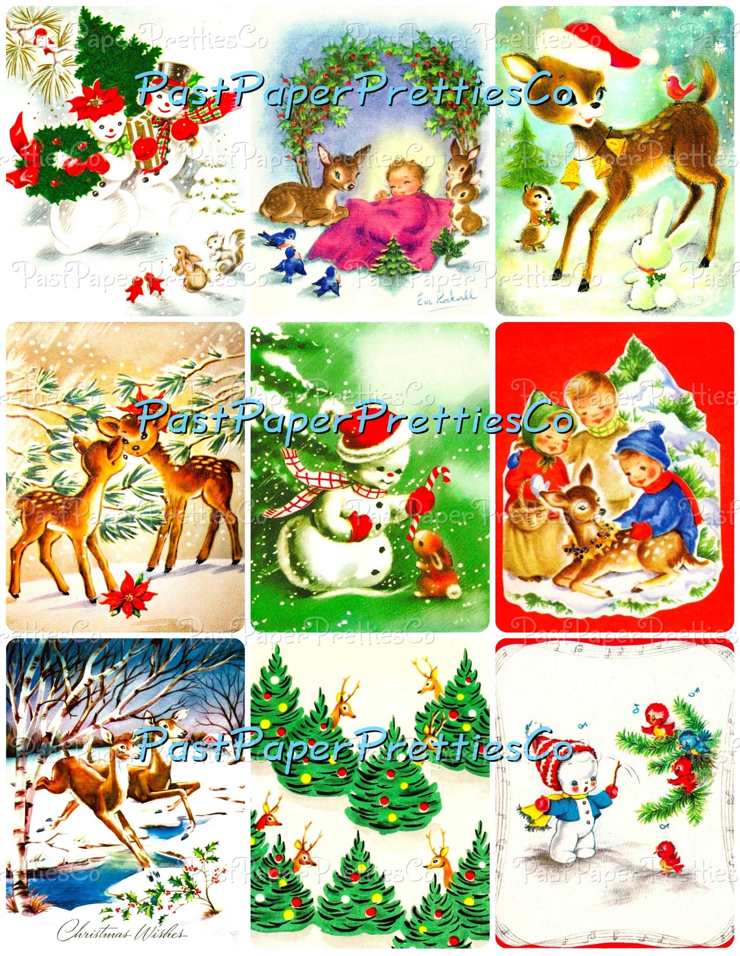 Vintage Printable Christmas Forest Friends Card 108 Images Collage Sheets Animal Santa Snowmen Kids Friendship PDF Instant Digital Download