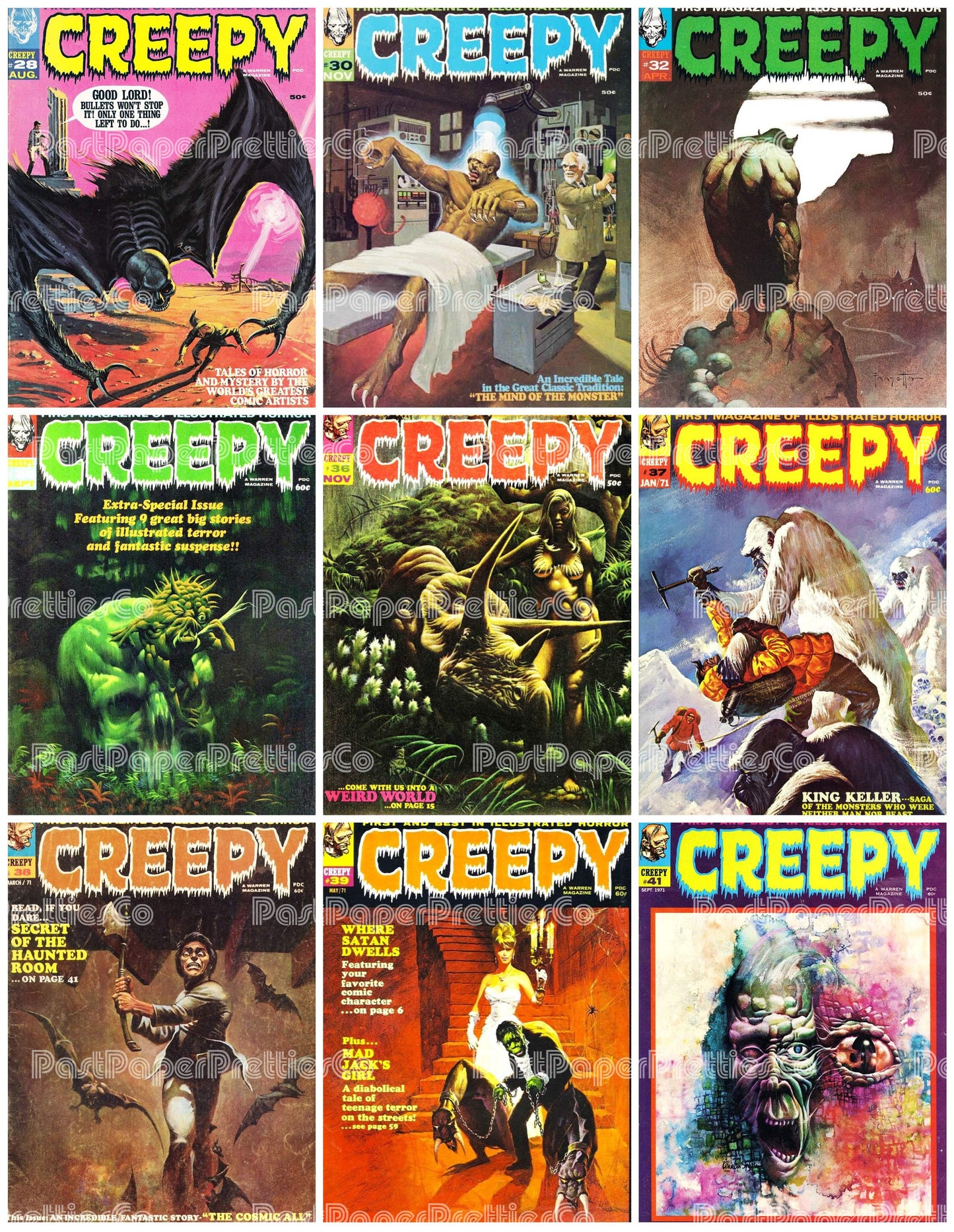 Vintage Retro Movie Monster Magazine Covers Collage Images Halloween PDF Instant Digital Download 24x9 Printable Sheets Spooky MCM Creatures