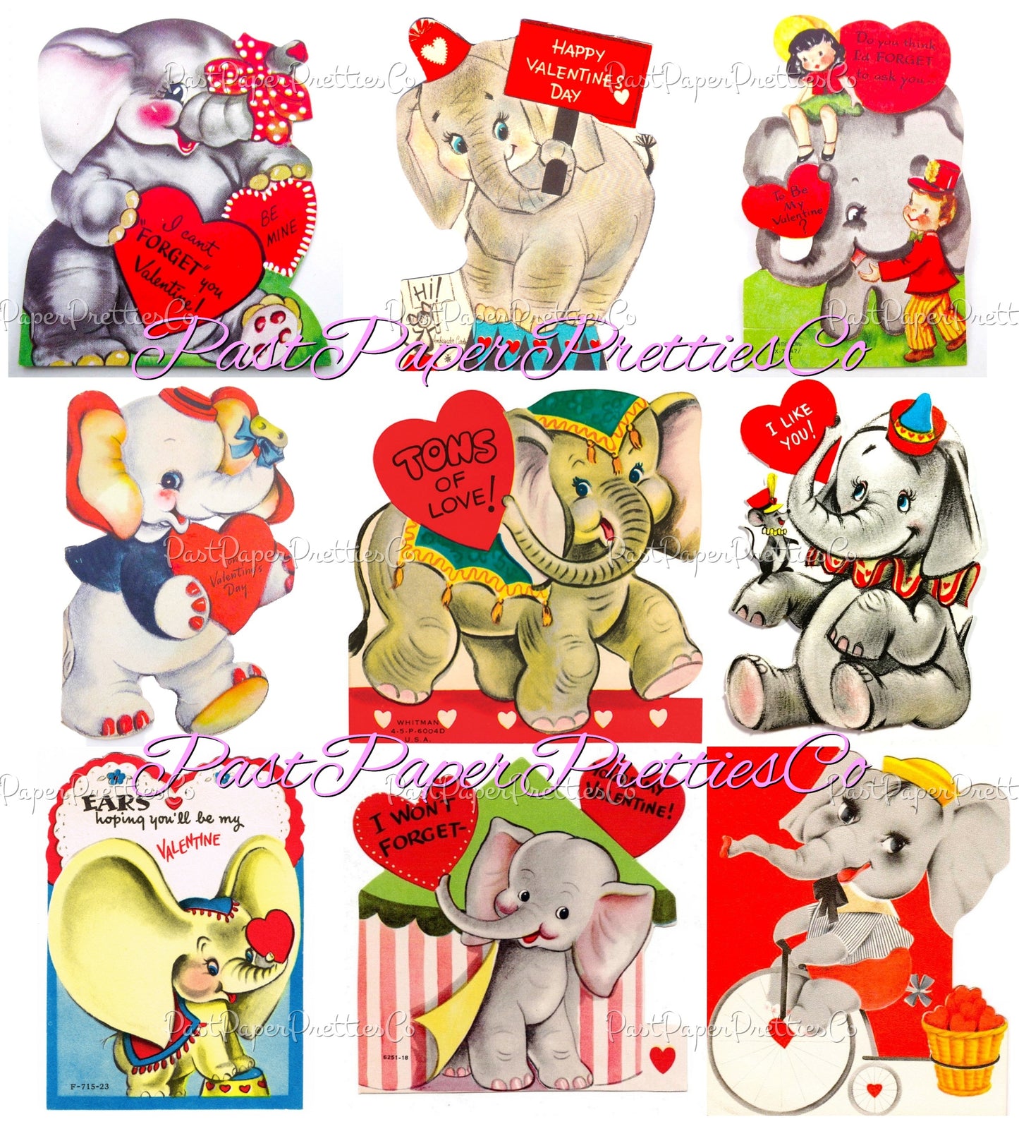 Vintage Valentines Day Elephants Printable Card Image Collage Sheets PDF Instant Digital Download 66 Cute Ellie Pachyderm Animal Clipart