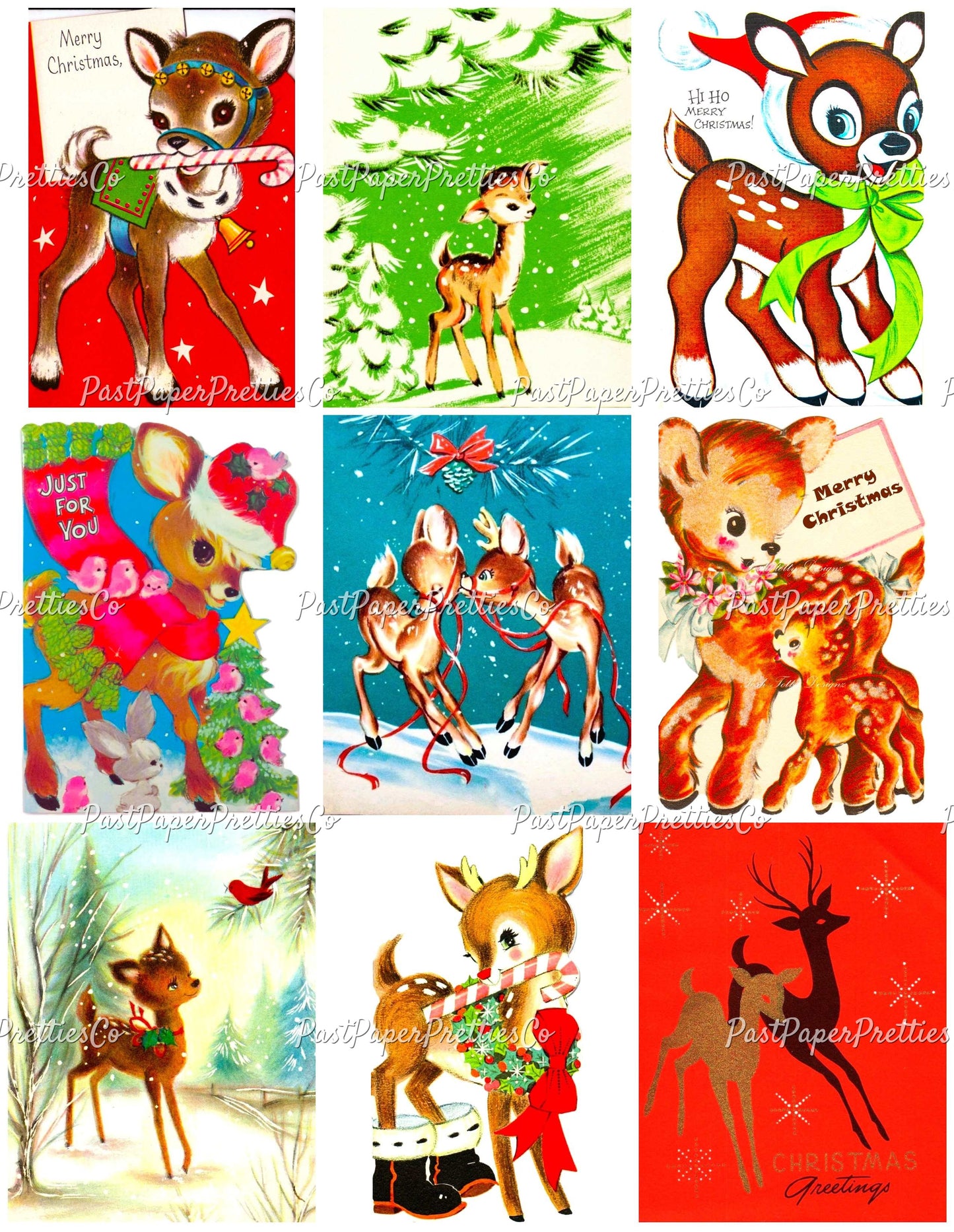 Vintage Printable Christmas Retro Reindeer Collage Sheets 81 Card Images PDF Instant Digital Download Holiday Deer Themed Clipart