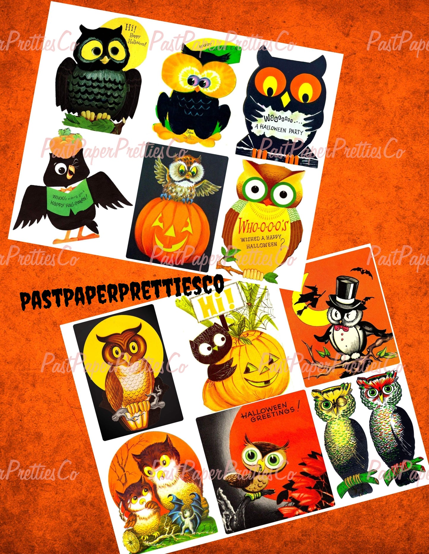 Vintage Retro Halloween OWLS Collage Sheets 24 Card Images Printable PDF Instant Digital Download Mid Century Kitsch Spooky Cute Clip Art