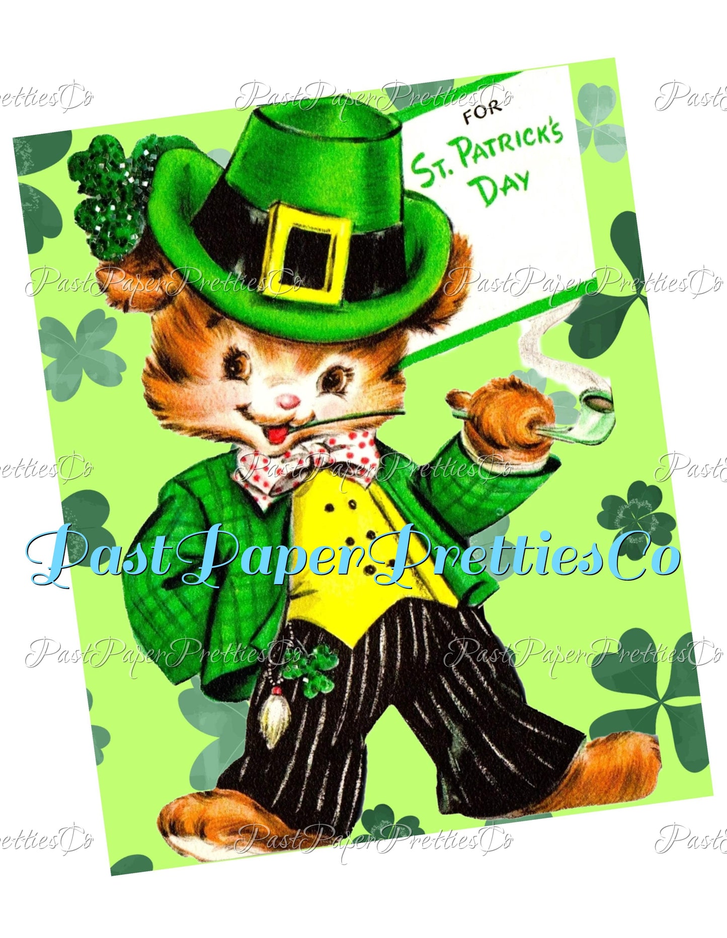 Vintage St. Patricks Day Irish Teddy Bear with Hat Card Image Printable Instant Digital Download Cute Kitsch St. Paddys Animal PNG JPEG