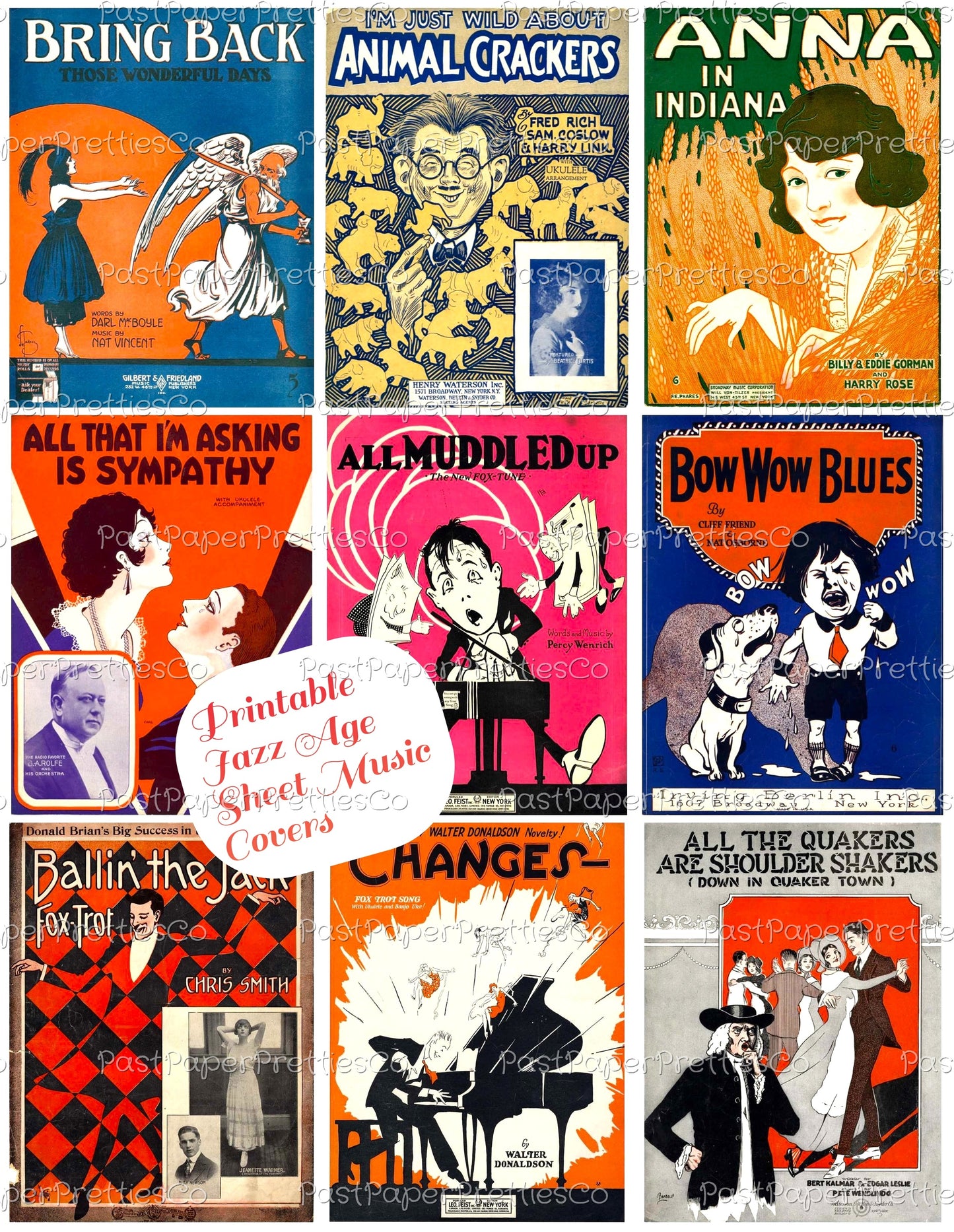 Vintage Jazz Era Sheet Music Covers Collage Images Printable PDF Instant Digital Download Flappers Tuxedoed Men Romance Art Deco Roaring 20s