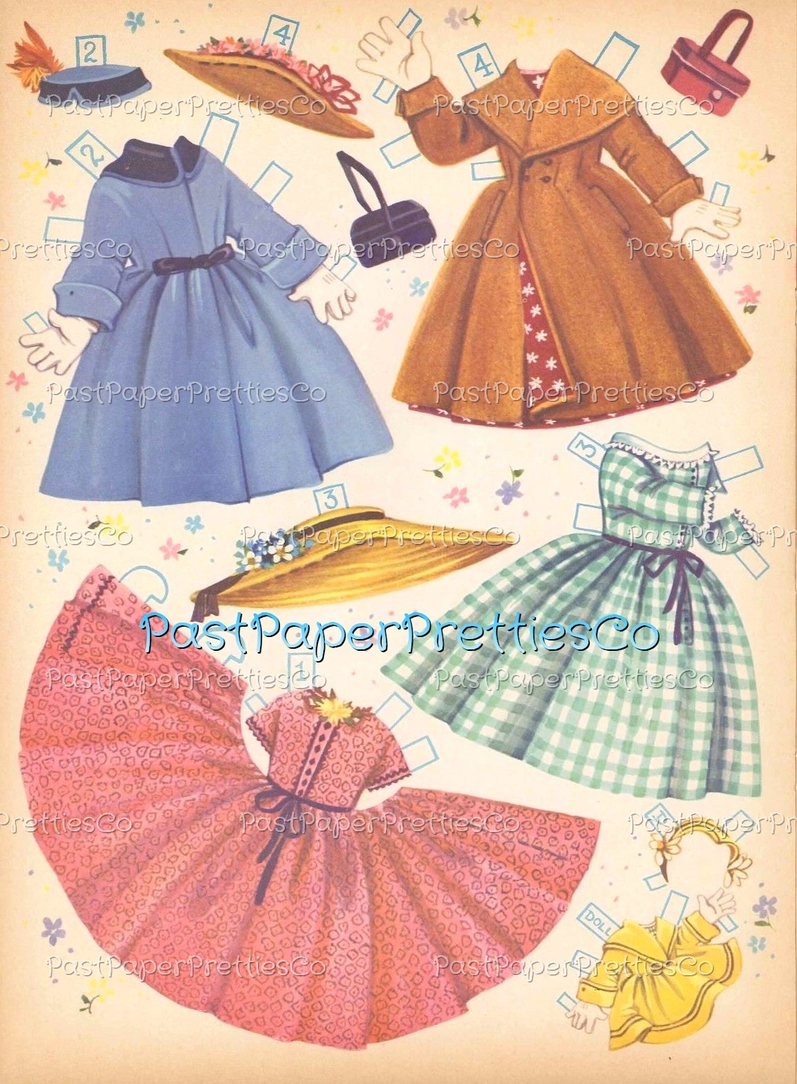 Vintage Paper Dolls Cute Umbrella Girls Printable PDF Instant Digital Download Kitschy Flower Parasol Girls Wrap Around Dresses