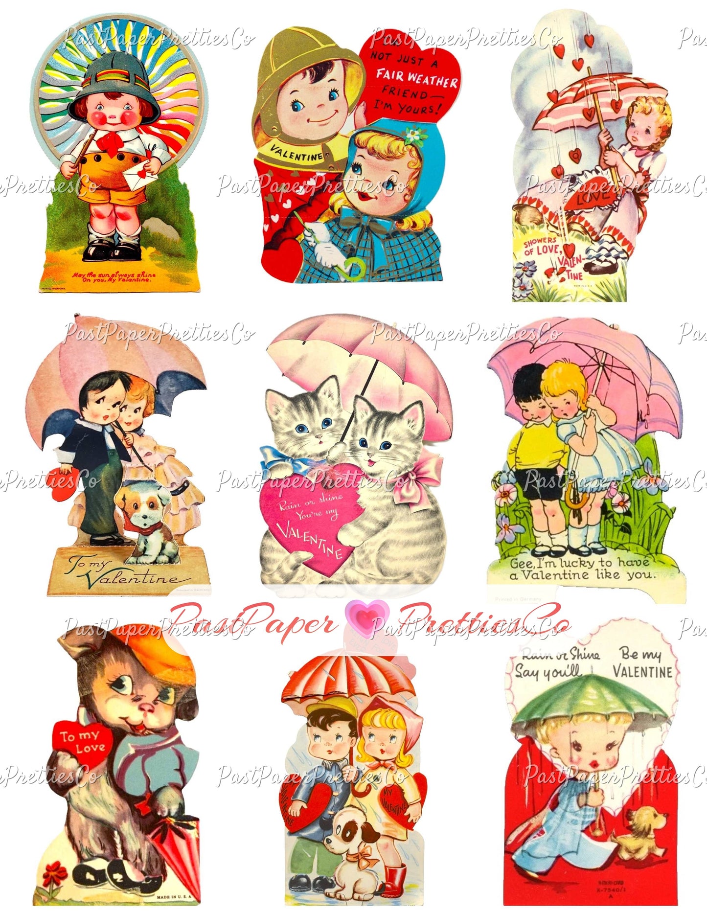 Vintage Valentines Day ALL Umbrella Themed Printable Card Image Collages PDF Instant Digital Download 78 Cute Rain or Shine Love Clipart