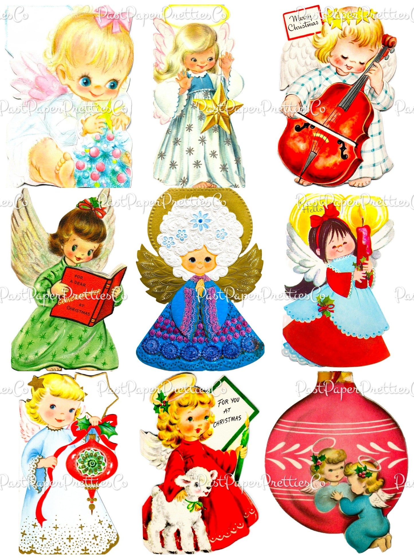 Vintage Printable Pretty Angel Girls Christmas Card Images 3 Sizes Fussy Cuts Collages Full Cards PDF Instant Digital Download Cute Clipart