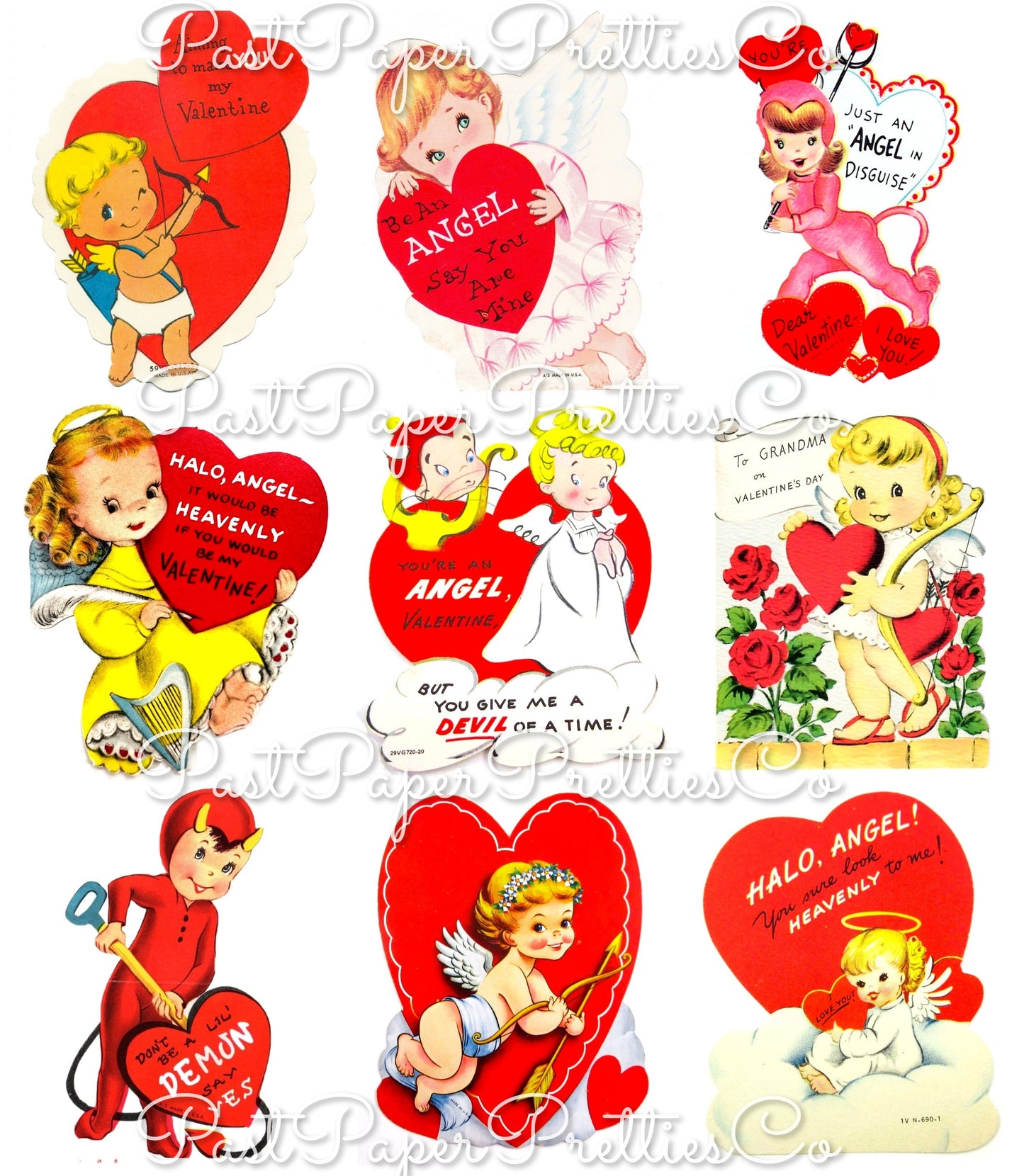 Vintage Valentines Day ALL Angels and Devils Themed Printable Card Image Collage Sheets PDF Instant Digital Download 45 Cute Hearts Clipart