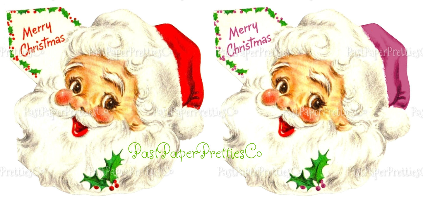Vintage Merry Christmas Printable Retro Happy Santa Claus Face Red and Purple Hat Clipart Image PDF Instant Digital Download JPEG PNG