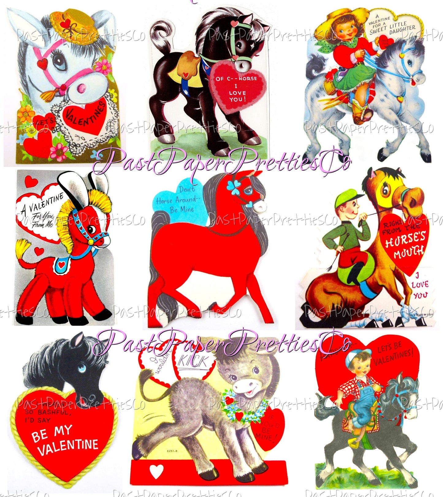 Vintage Valentines Day ALL Horses Themed Printable Card Image Collage Sheets PDF Instant Digital Download 54 Cute Pony Animal Clipart