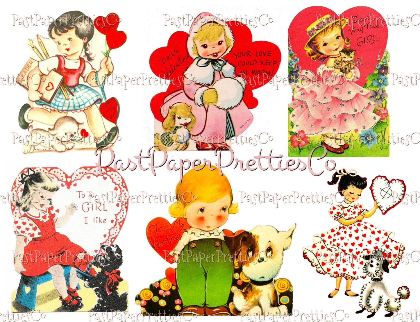 60 Vintage Printable Kids with Pets Valentine Cards Collage Sheets PDF Instant Digital Download Retro Boys Girls Animal Themed Images