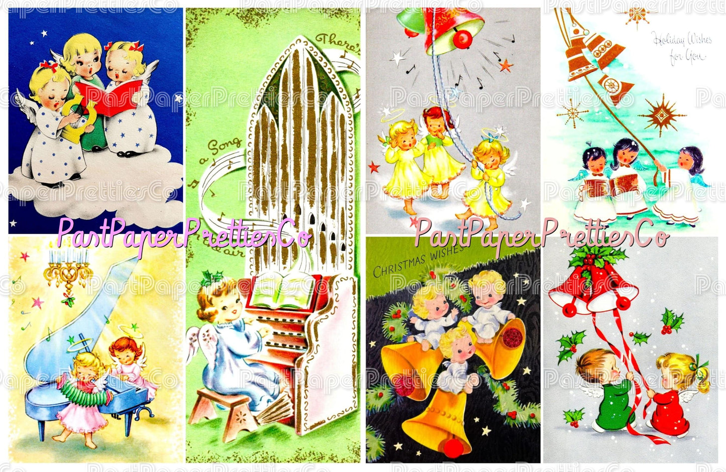 38 Vintage Printable Musical Christmas Angels Collage Sheets & Full Cards PDF Instant Digital Kitsch Cute Cherub Kids Babies