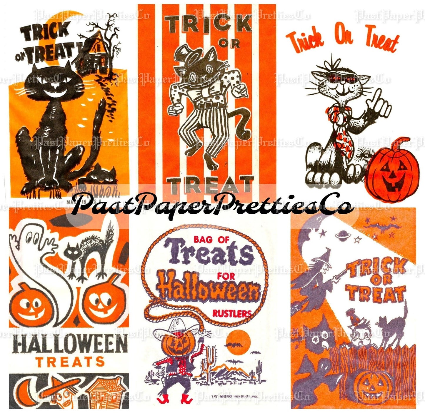 Vintage Halloween Printable Trick or Treat Bags Collage Cards Retro Images PDF Instant Digital Download Retro Loot Goodie Bag Clip Art