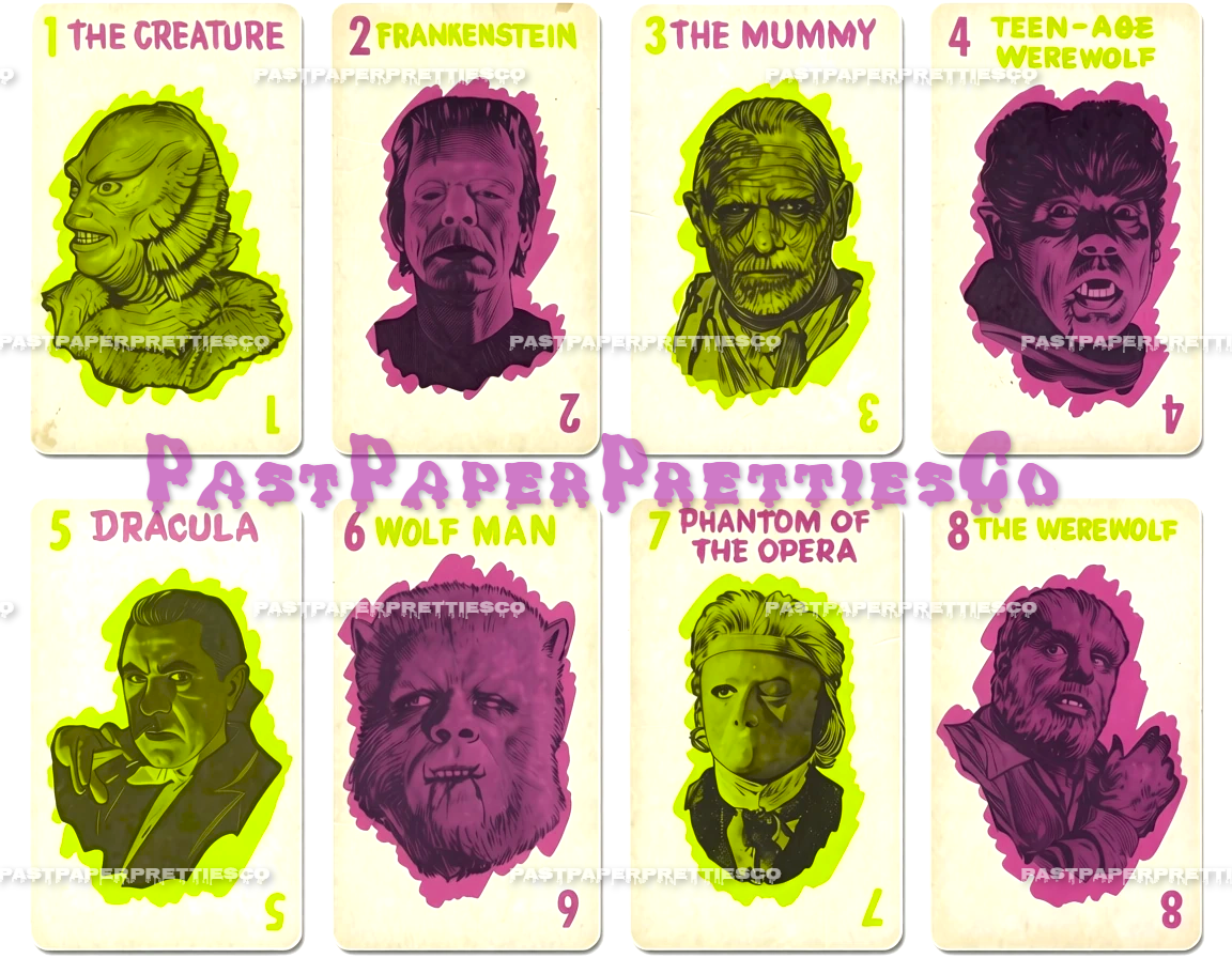 Vintage Printable Monster Old Maid Playing Cards Spooktacular Collage Set PDF Instant Digital Download Halloween Classic 60s Card Game