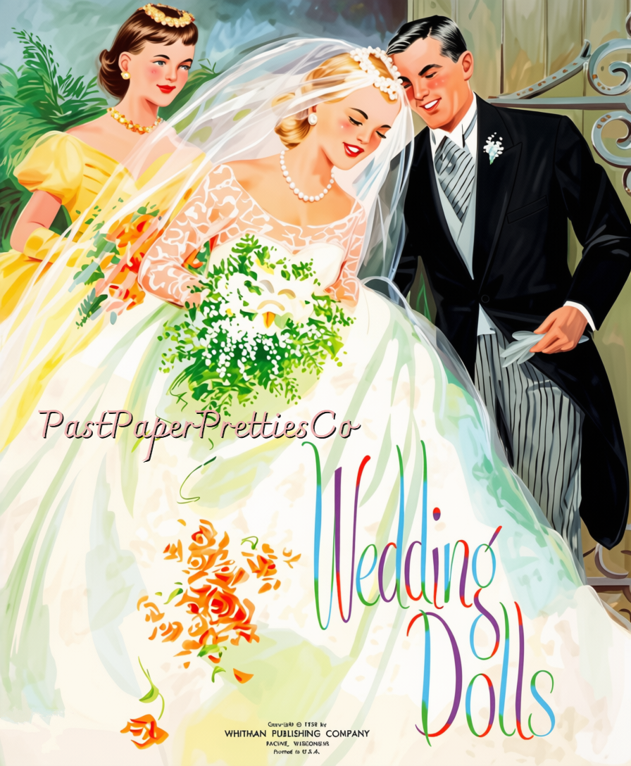 Vintage Wedding Paper Dolls Gorgeous Bridal Clipart 1958 Printable PDF Instant Digital Download Bride Groom Flower Girl Bridesmaid