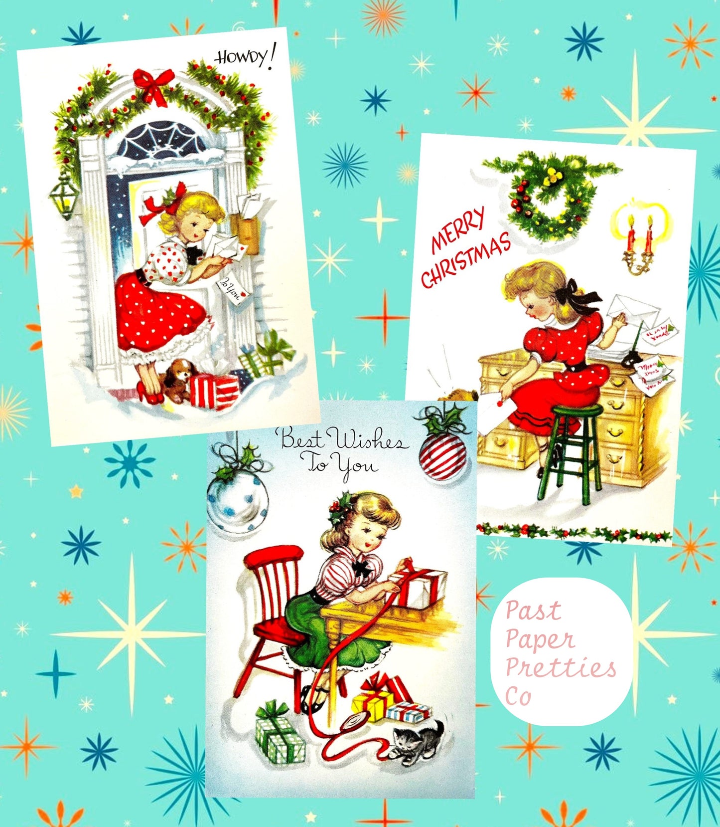 Vintage Printable Pretty MCM Happy Holiday Housewives Ladies Christmas Card Images PDF Instant Digital Download 6 Homemaker Girl Images