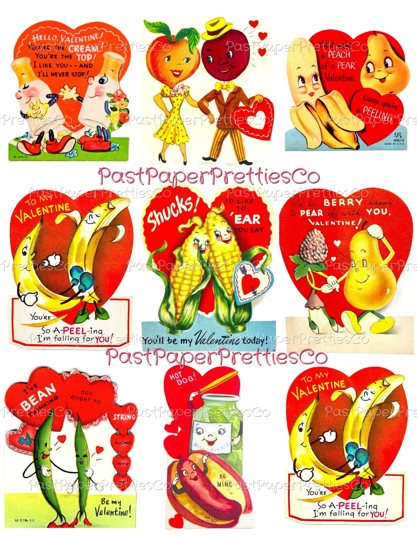 Vintage Food-In-Love Valentine Cards Images Anthropomorphic Fruit Veggies Couples Collage Sheets Printable PDF Instant Digital Download