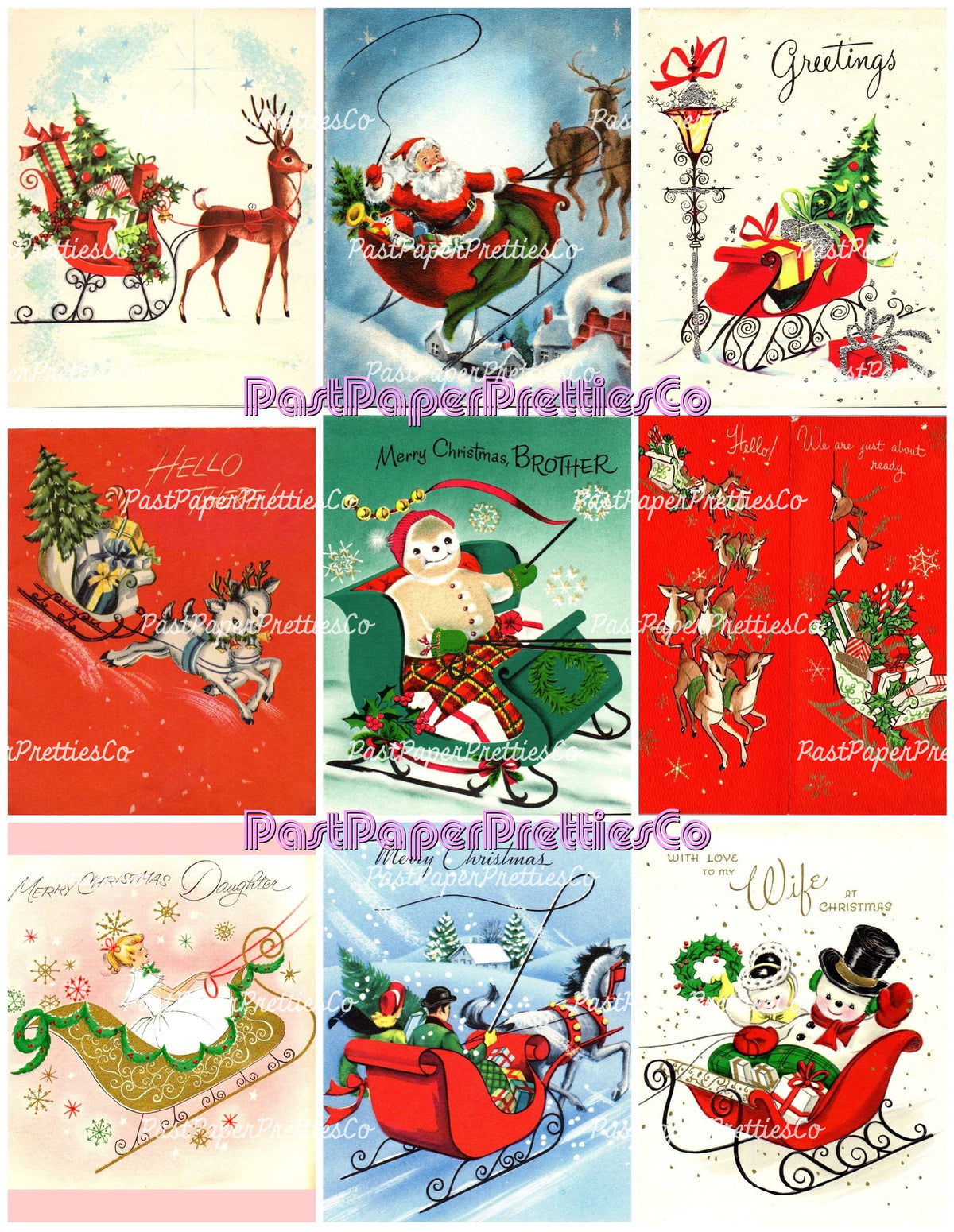 Vintage Christmas Sleighs Collage Sheets Retro MCM 62 Card Images PDF Instant Digital Download Merry Kitschmas Xmas Clipart