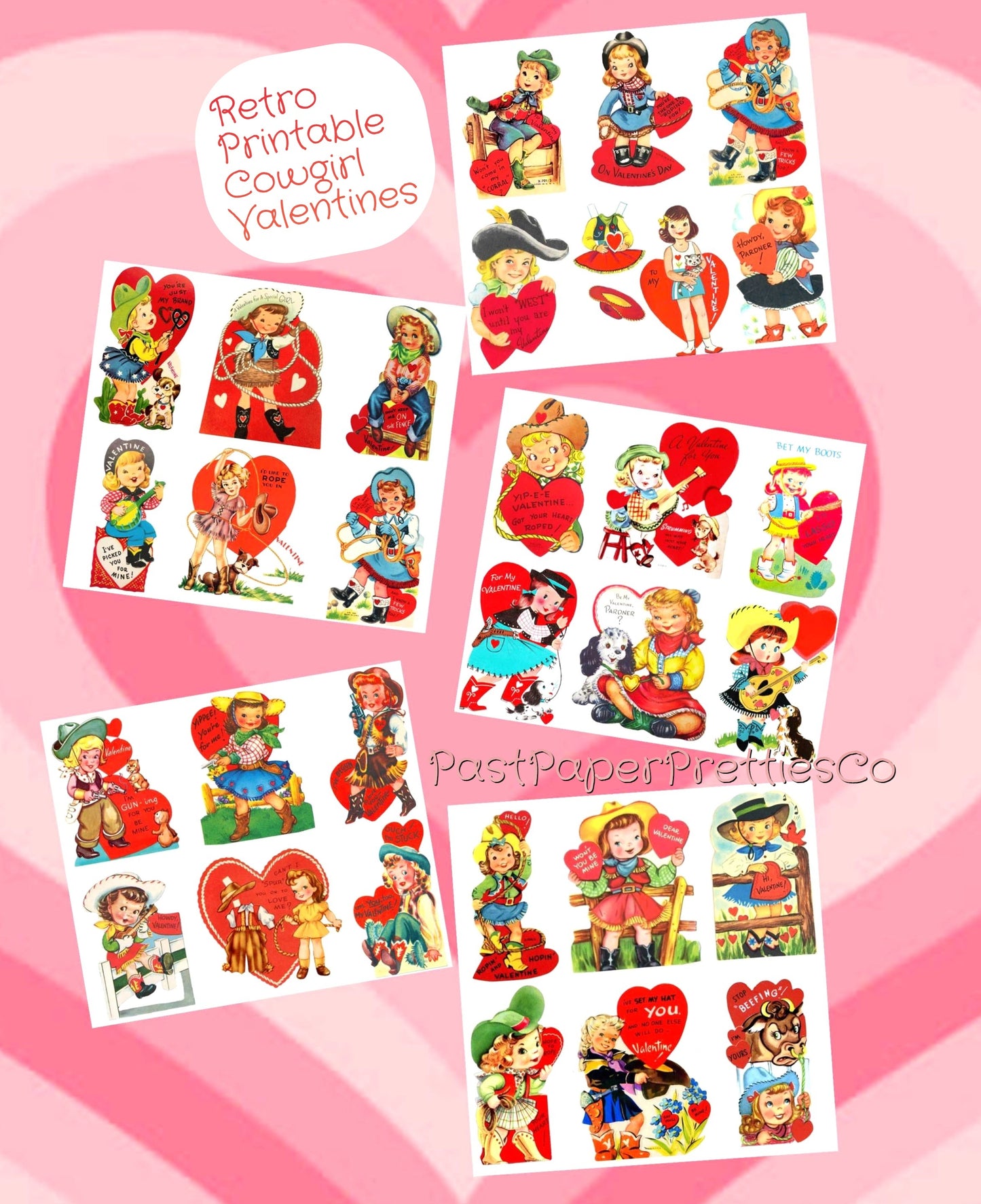 Vintage Cowgirl Valentines Day Card Images Collage Sheets Printable PDF Instant Digital ALL Cute Western Girls Themed Clipart