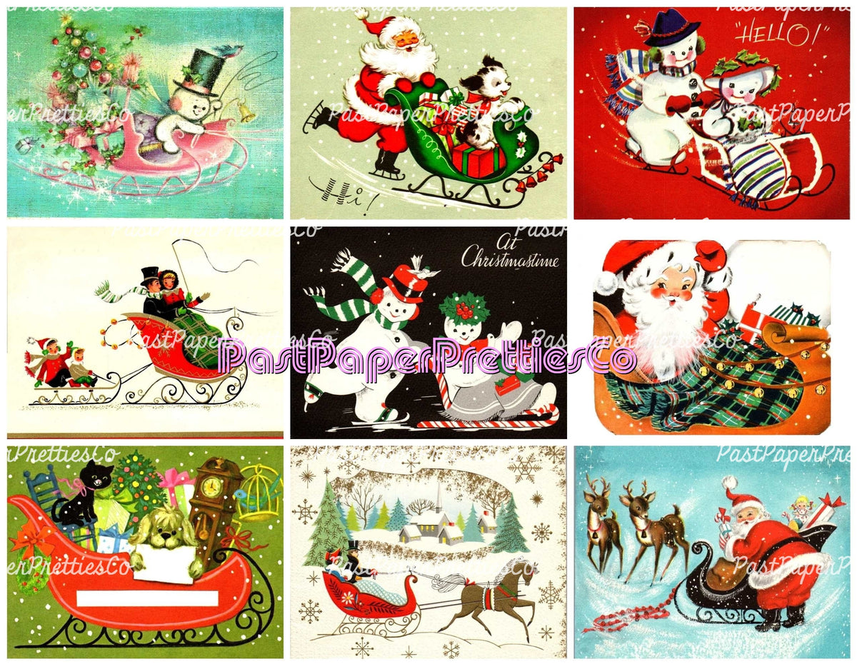 Vintage Christmas Sleighs Collage Sheets Retro MCM 62 Card Images PDF Instant Digital Download Merry Kitschmas Xmas Clipart