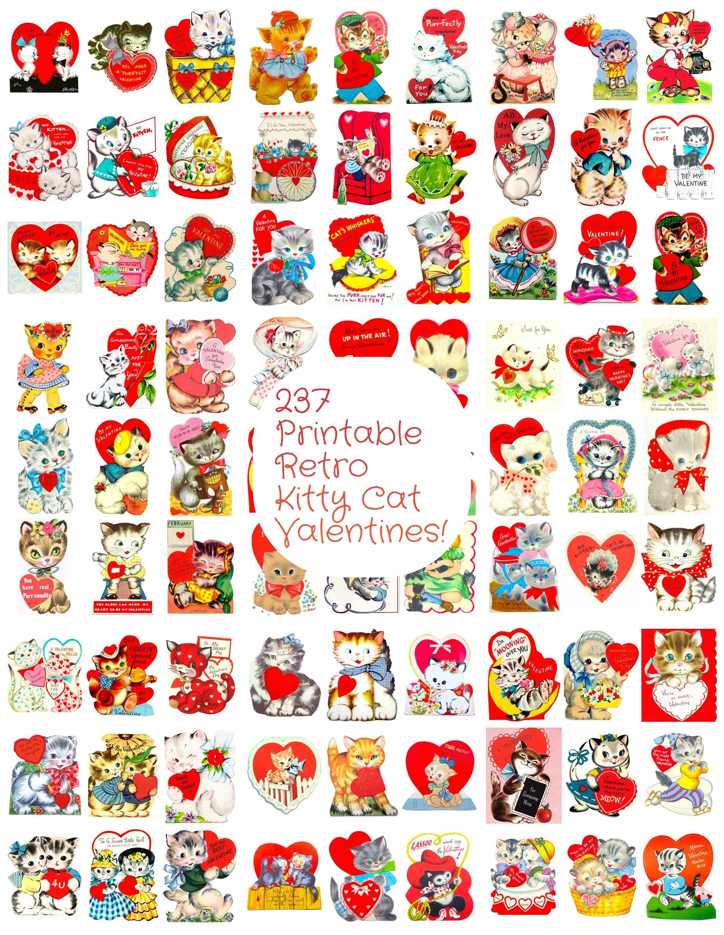 Vintage Kitty Cat Valentine Cards ALL CATS So Many Adorable Images Printable PDF Instant Digital Download Kitsch Kawaii Kitten Clip Art