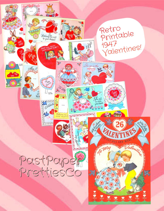 Vintage 26 Valentines Day Card Cut Outs Collage Sheets Retro 1947 Whitmans Printable PDF Instant Digital Download Kitschy Girls Boys Animals