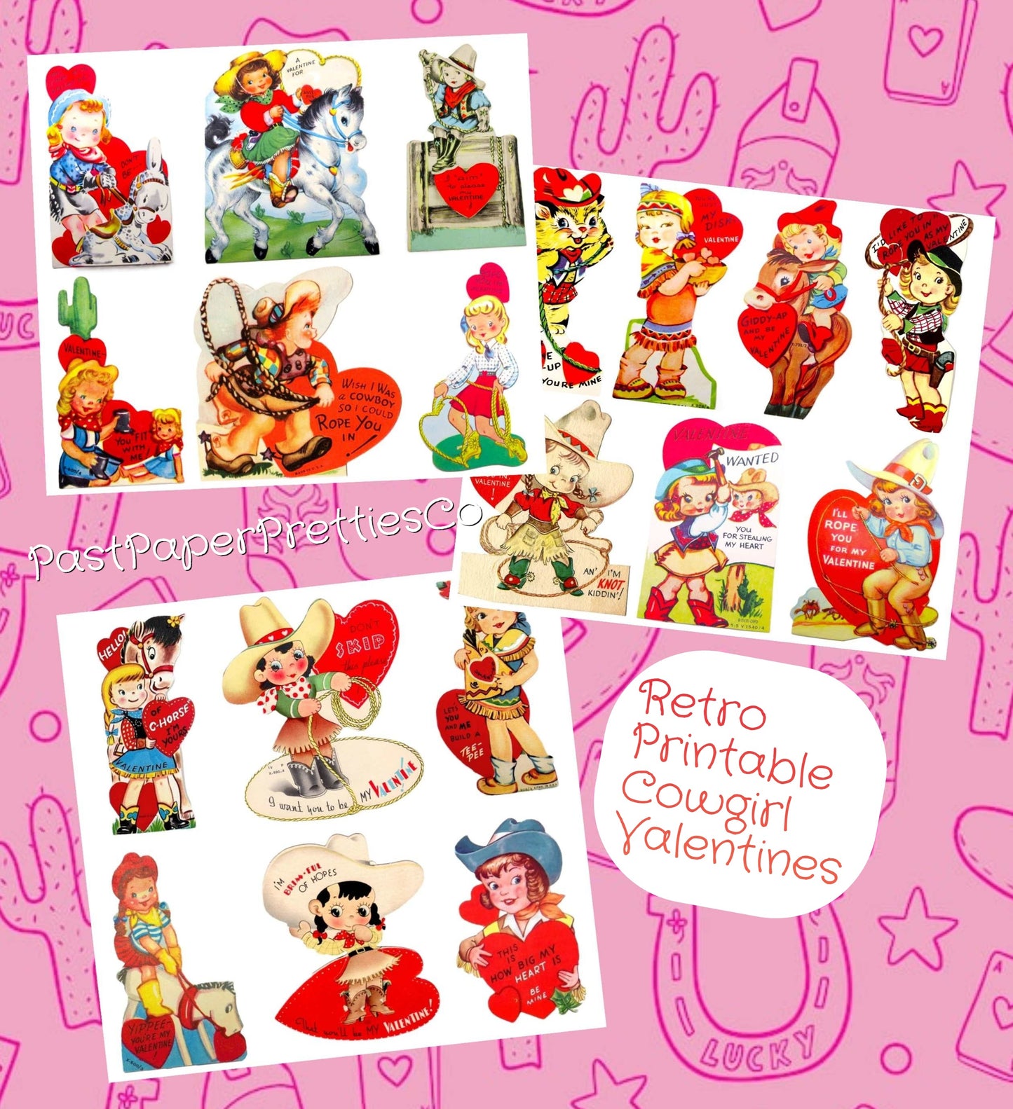 Vintage Cowgirl Valentines Day Card Images Collage Sheets Printable PDF Instant Digital ALL Cute Western Girls Themed Clipart