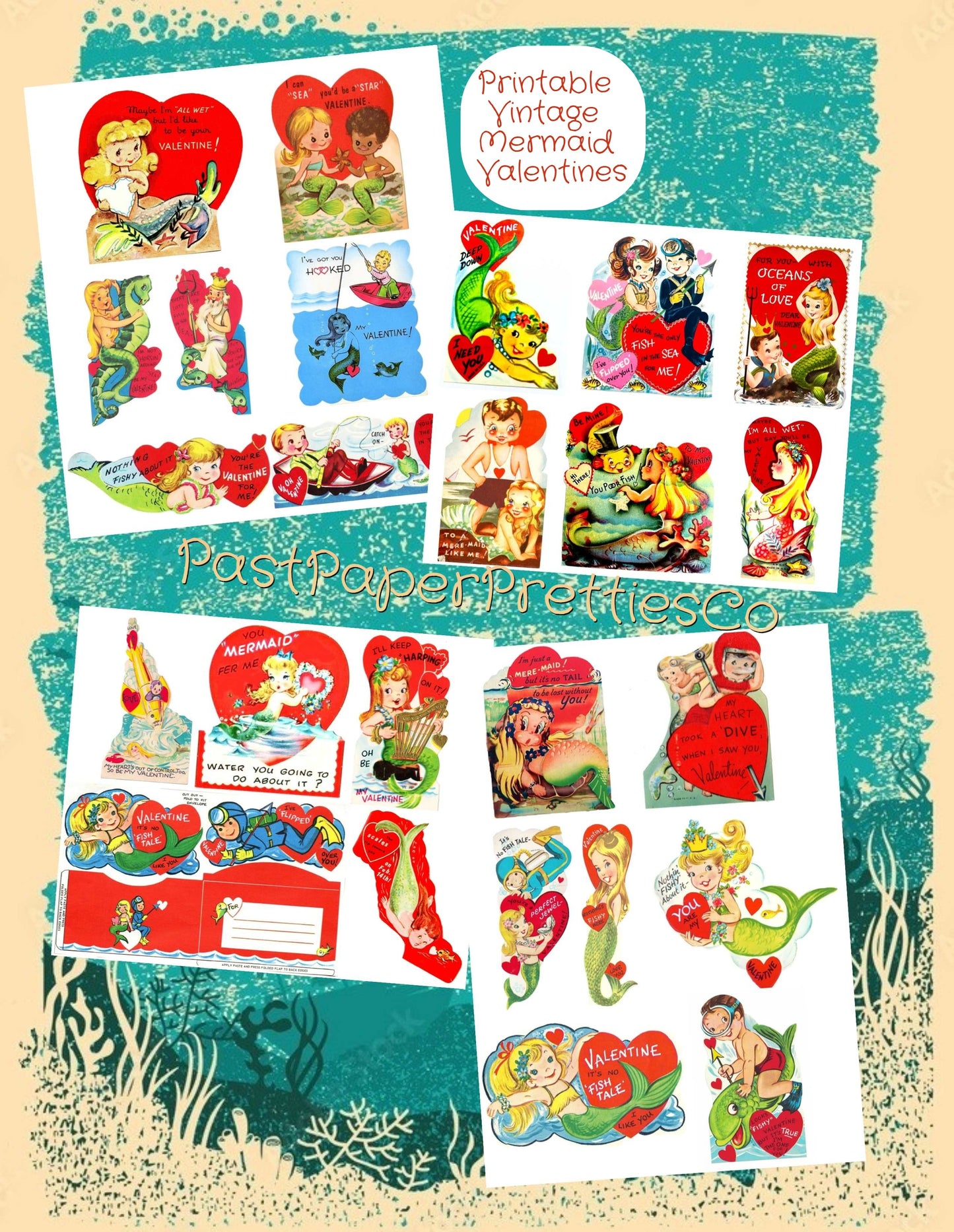 Vintage Printable Valentines Retro Mermaids Merman Card Images PDF Instant Digital Download Kitsch Kawaii Cute Mermaid Clip Art 300 dpi