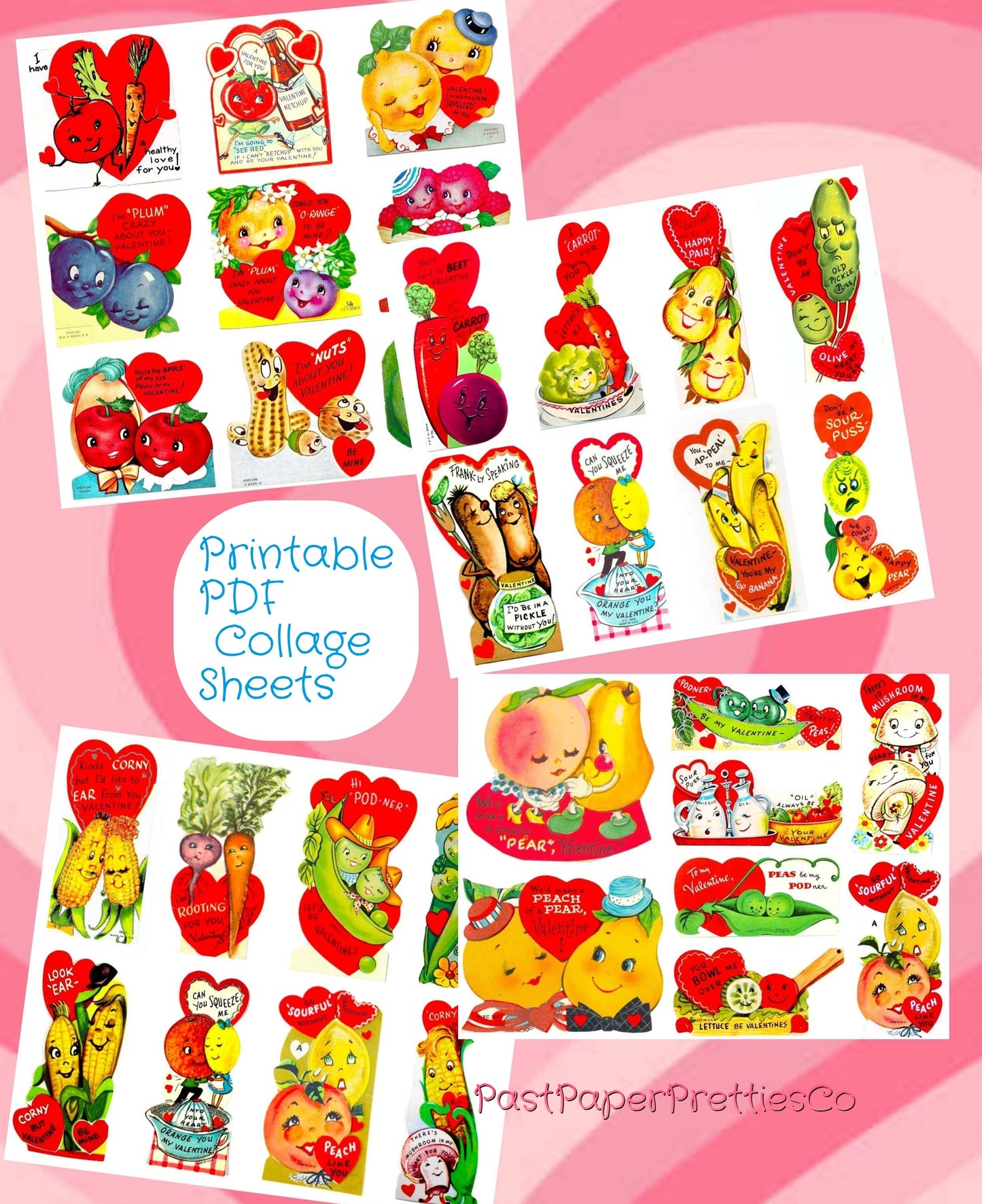 Vintage Food-In-Love Valentine Cards Images Anthropomorphic Fruit Veggies Couples Collage Sheets Printable PDF Instant Digital Download