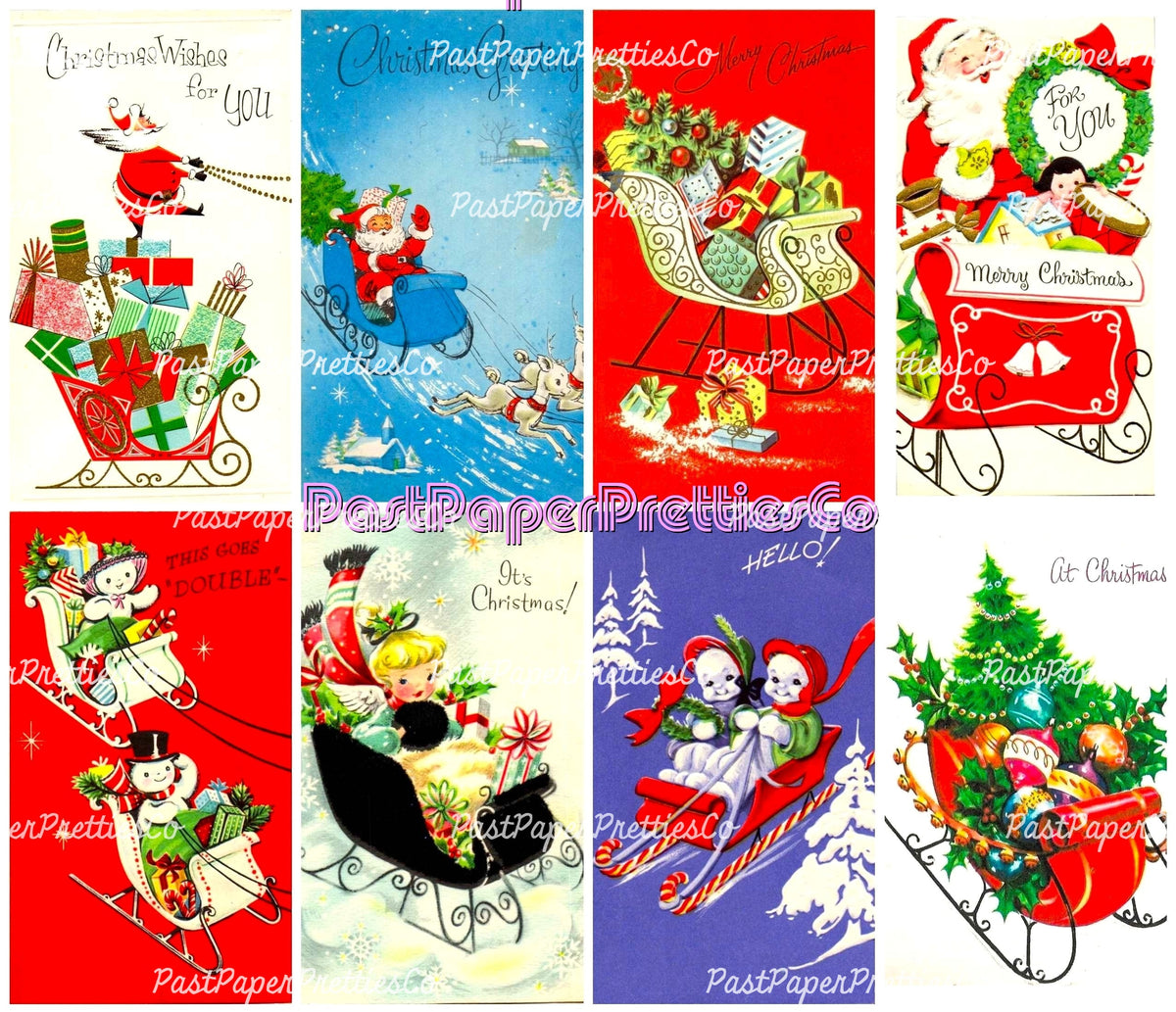 Vintage Christmas Sleighs Collage Sheets Retro MCM 62 Card Images PDF Instant Digital Download Merry Kitschmas Xmas Clipart