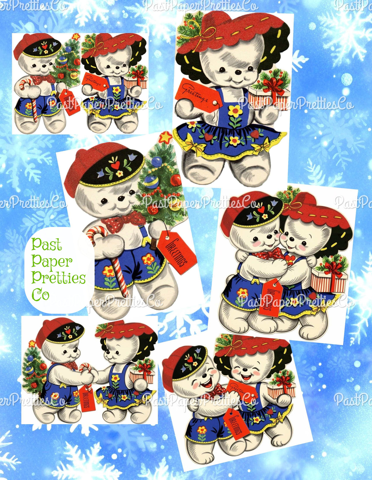 Vintage Printable Cute Folk Art Snowman Snowlady Christmas Card Images PDF Instant Digital Download Kitsch Snow Couple Clipart