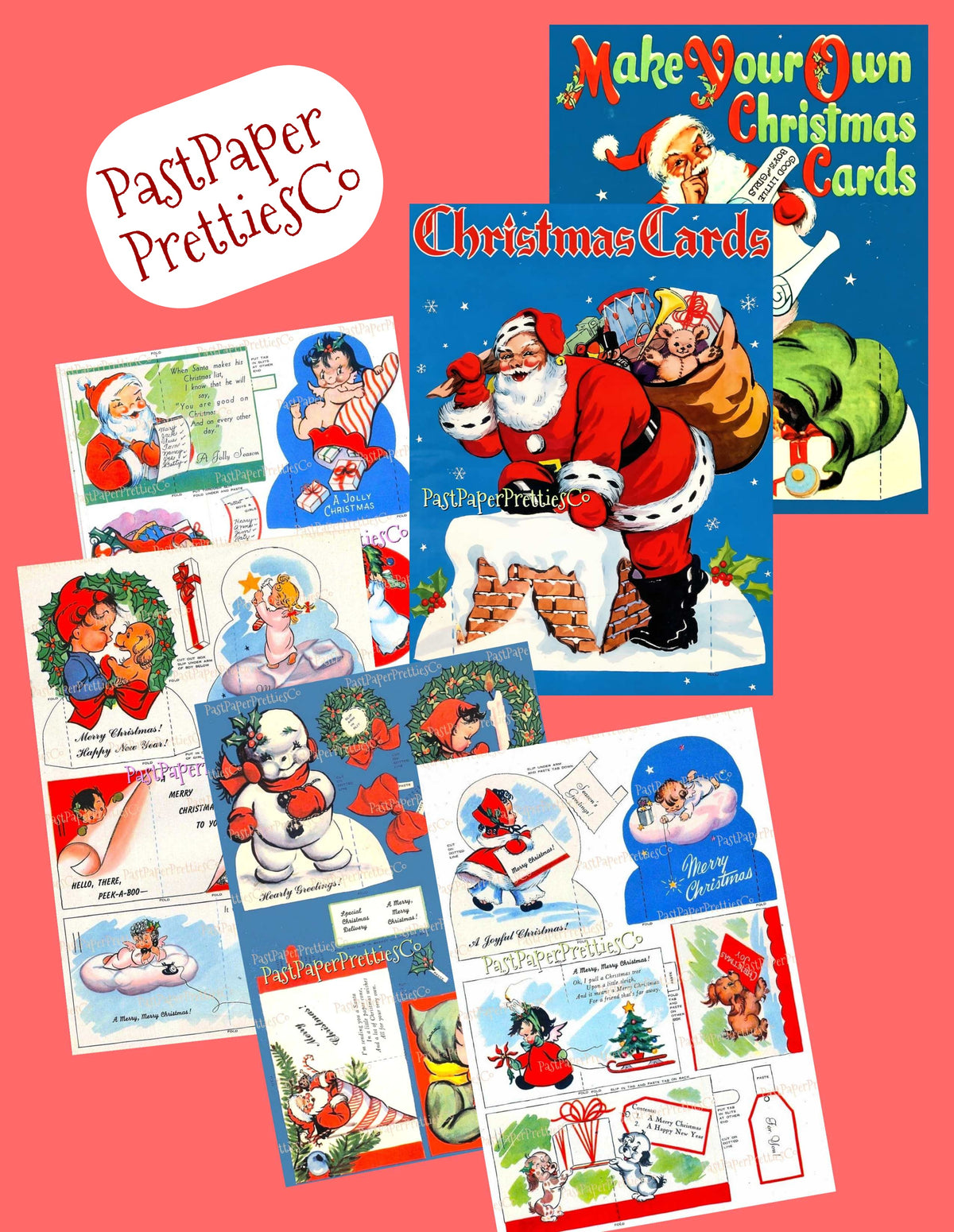Vintage Printable Retro Christmas Cards Cut Outs 20 MCM Designs PDF Instant Digital Download 1956 Kitsch Kawaii Holiday Clip Art