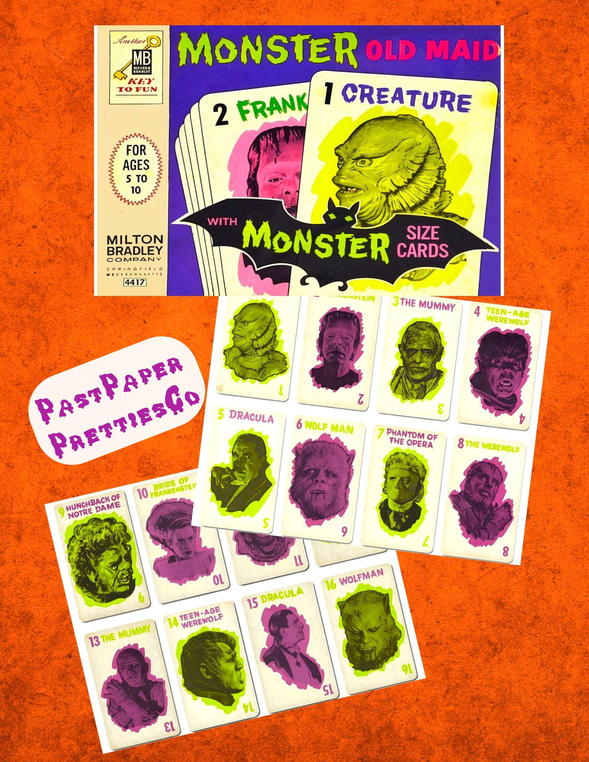 Vintage Printable Monster Old Maid Playing Cards Spooktacular Collage Set PDF Instant Digital Download Halloween Classic 60s Card Game