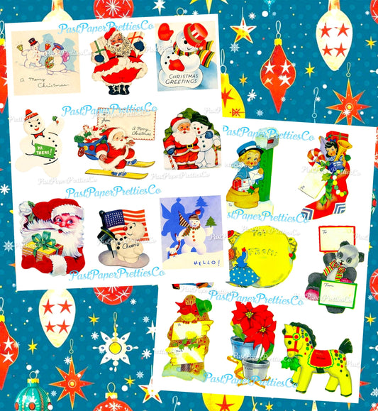Vintage Printable Christmas Seals Stickers Collage PDF Instant Digital Download Retro 1930s 1940s Mid Century Cute Holiday Clipart
