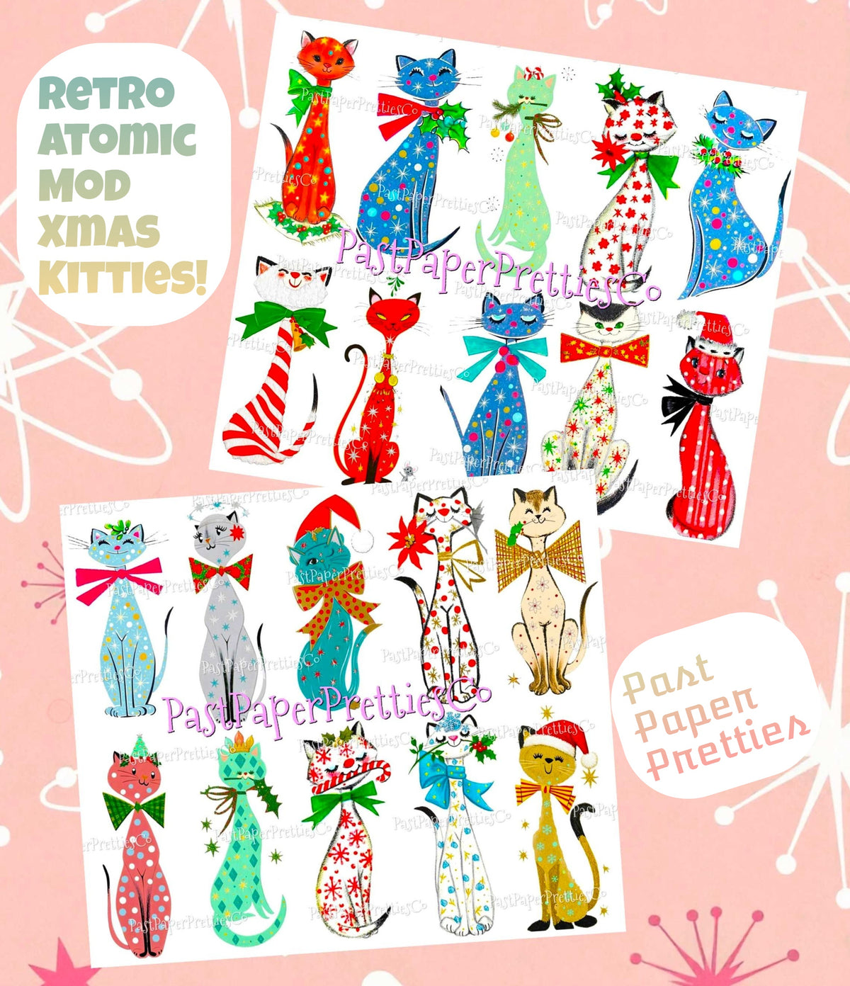 Vintage Retro Atomic Mod Christmas Kitty Cats 20 Kitsch Images Printable PDF Instant Digital Download Kitschmas Holiday Clipart