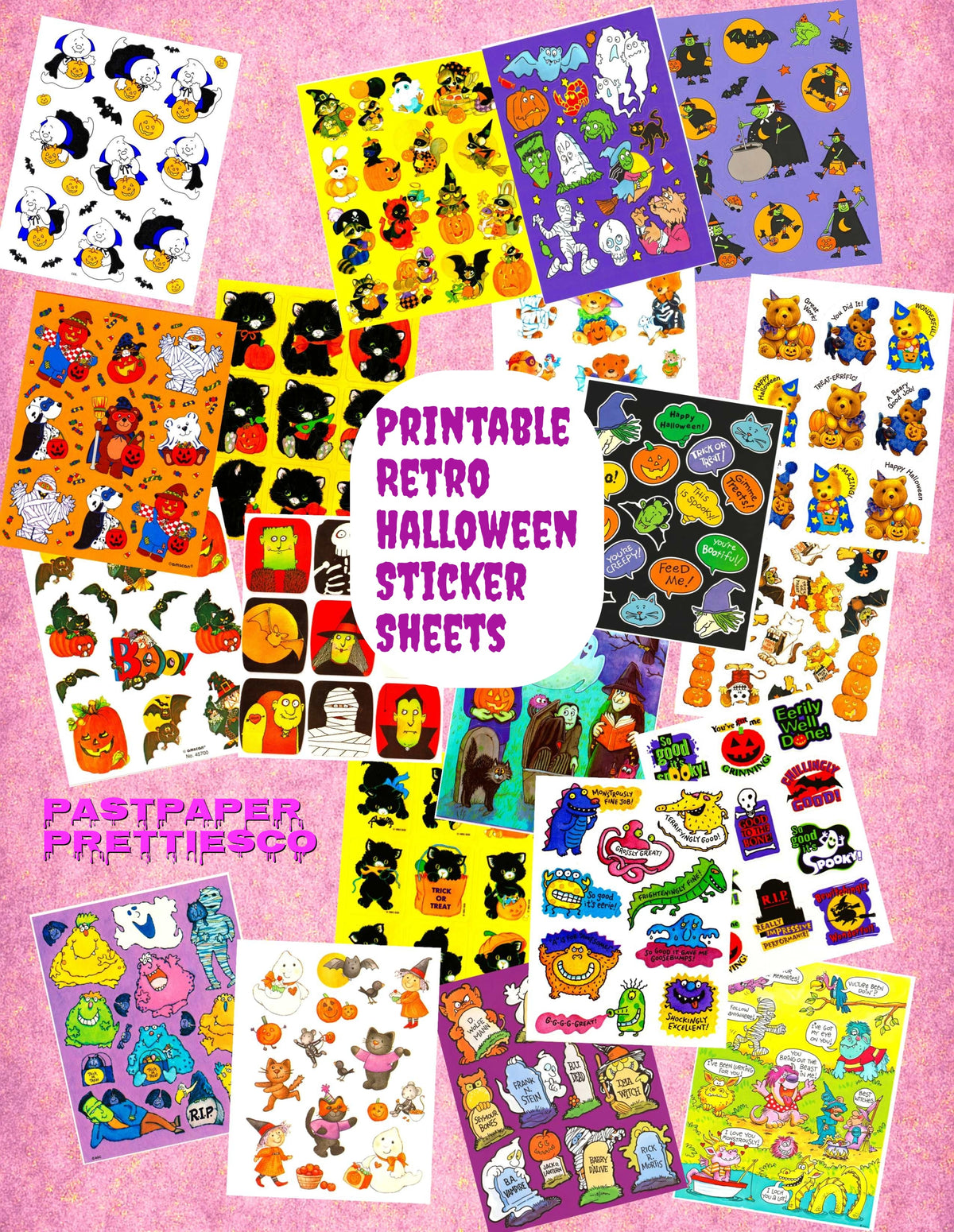 Vintage Retro 80s Halloween Sticker Sheets Printable PDF Instant Digital Download 20 Spooky Cute Designs