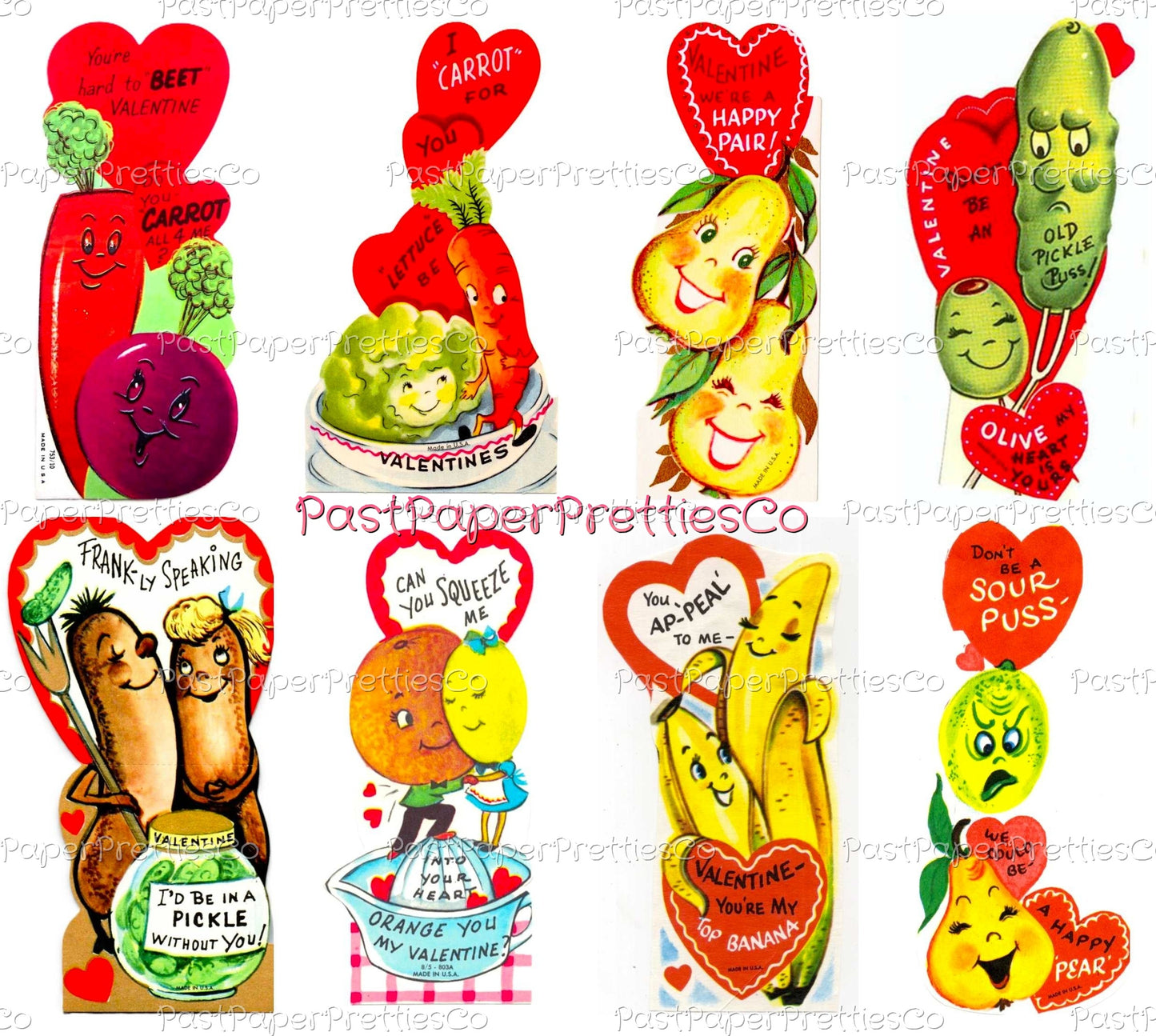 Vintage Food-In-Love Valentine Cards Images Anthropomorphic Fruit Veggies Couples Collage Sheets Printable PDF Instant Digital Download