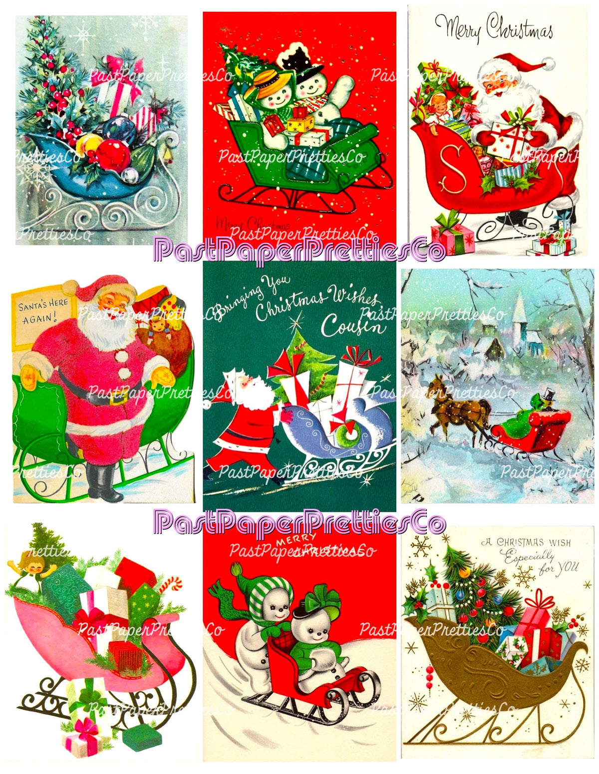 Vintage Christmas Sleighs Collage Sheets Retro MCM 62 Card Images PDF Instant Digital Download Merry Kitschmas Xmas Clipart
