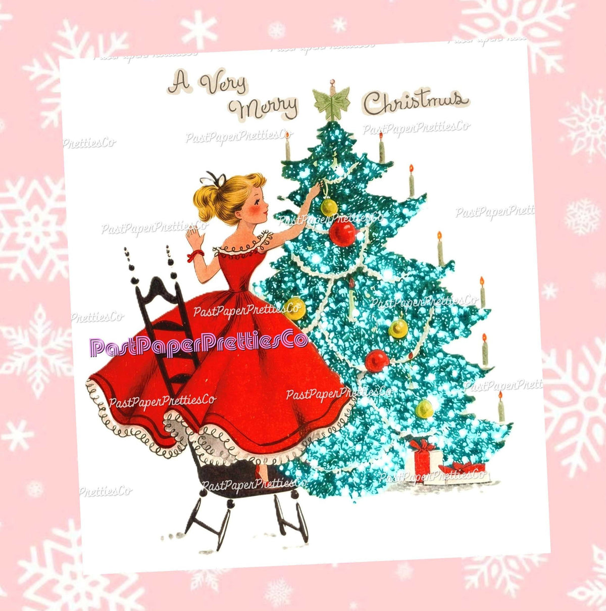 Vintage Printable Pretty Lady Sparkly Glitter Tree Christmas Card Image Retro 1950s Instant Digital Download Merry Kitschmas Clipart