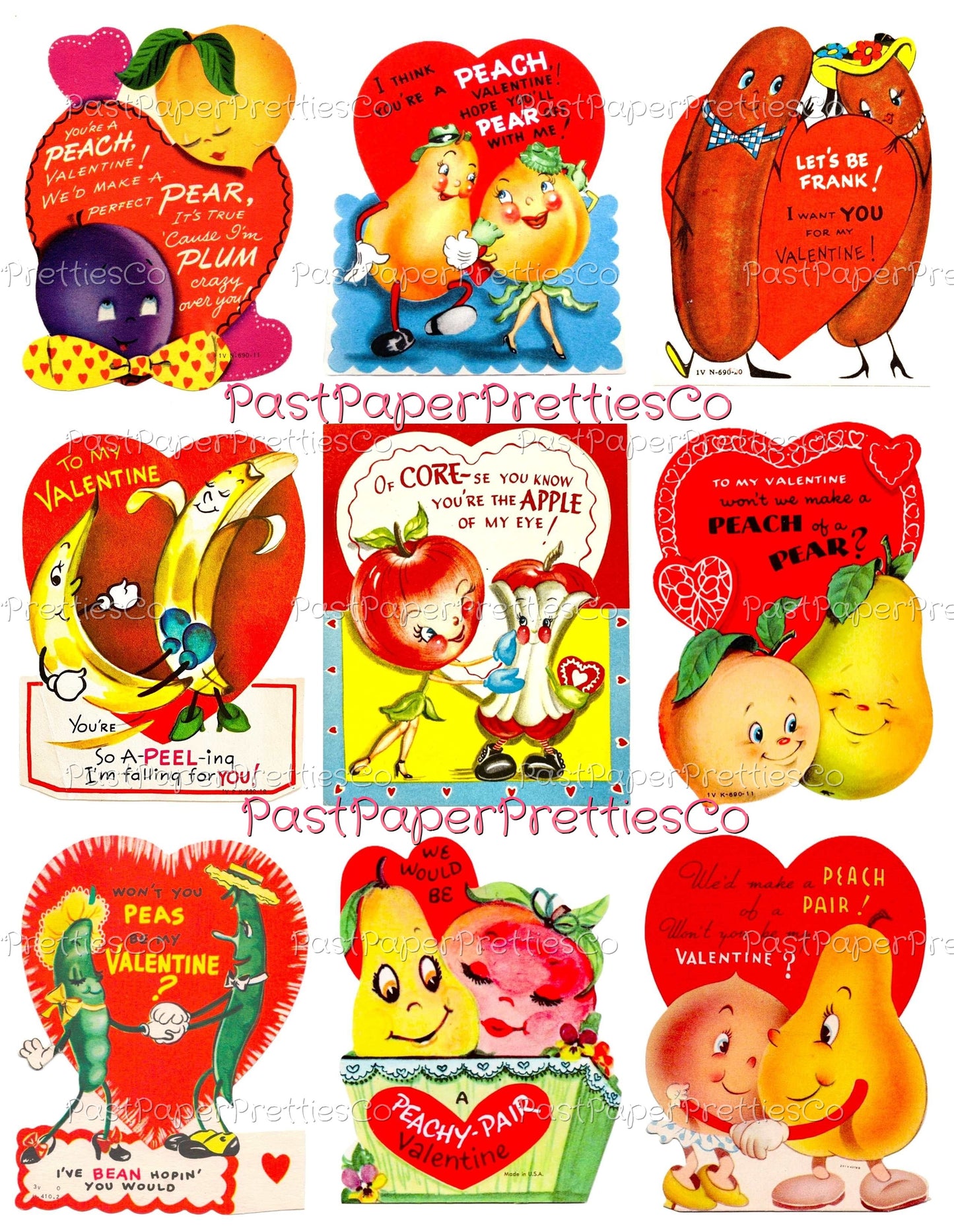 Vintage Food-In-Love Valentine Cards Images Anthropomorphic Fruit Veggies Couples Collage Sheets Printable PDF Instant Digital Download