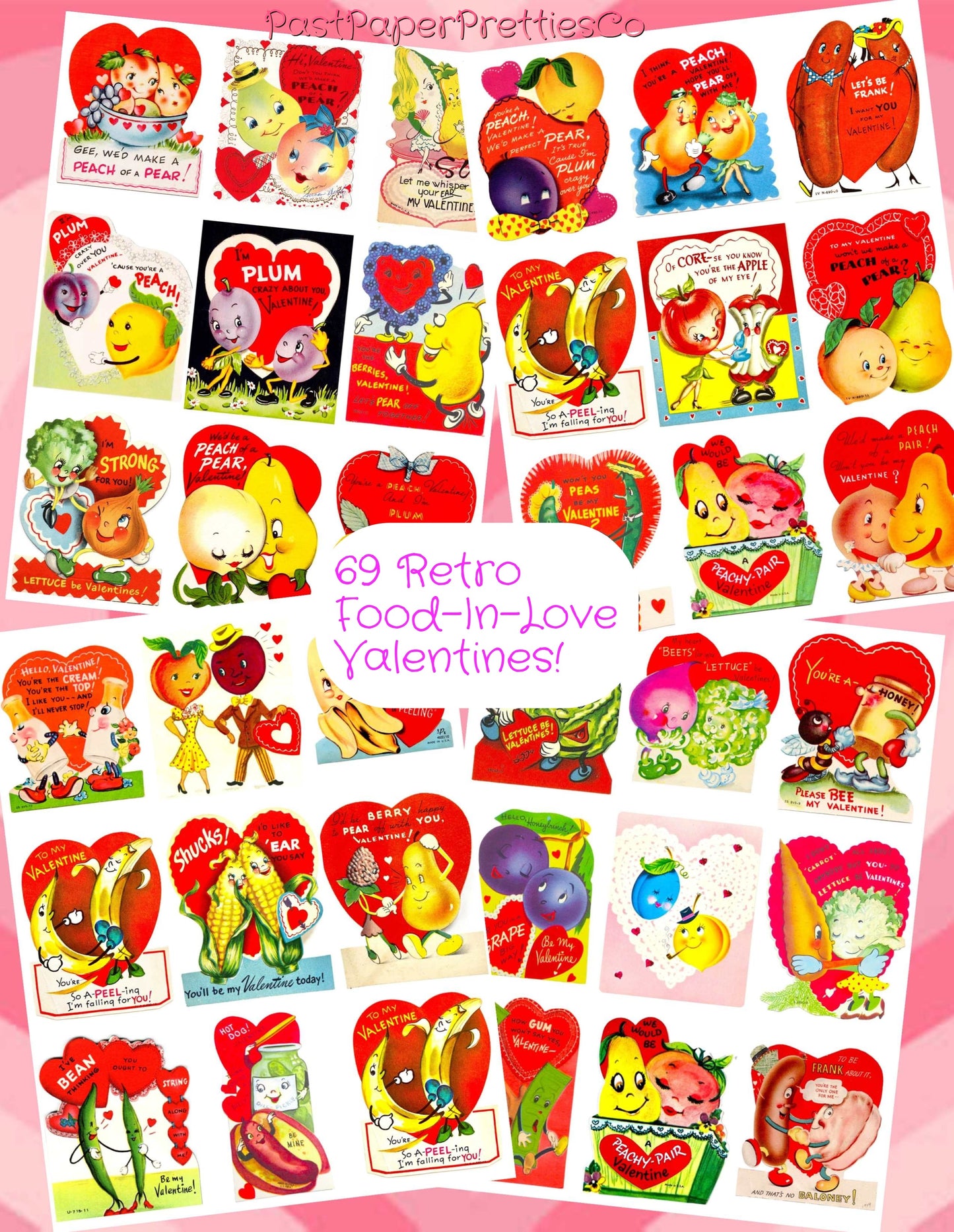 Vintage Food-In-Love Valentine Cards Images Anthropomorphic Fruit Veggies Couples Collage Sheets Printable PDF Instant Digital Download