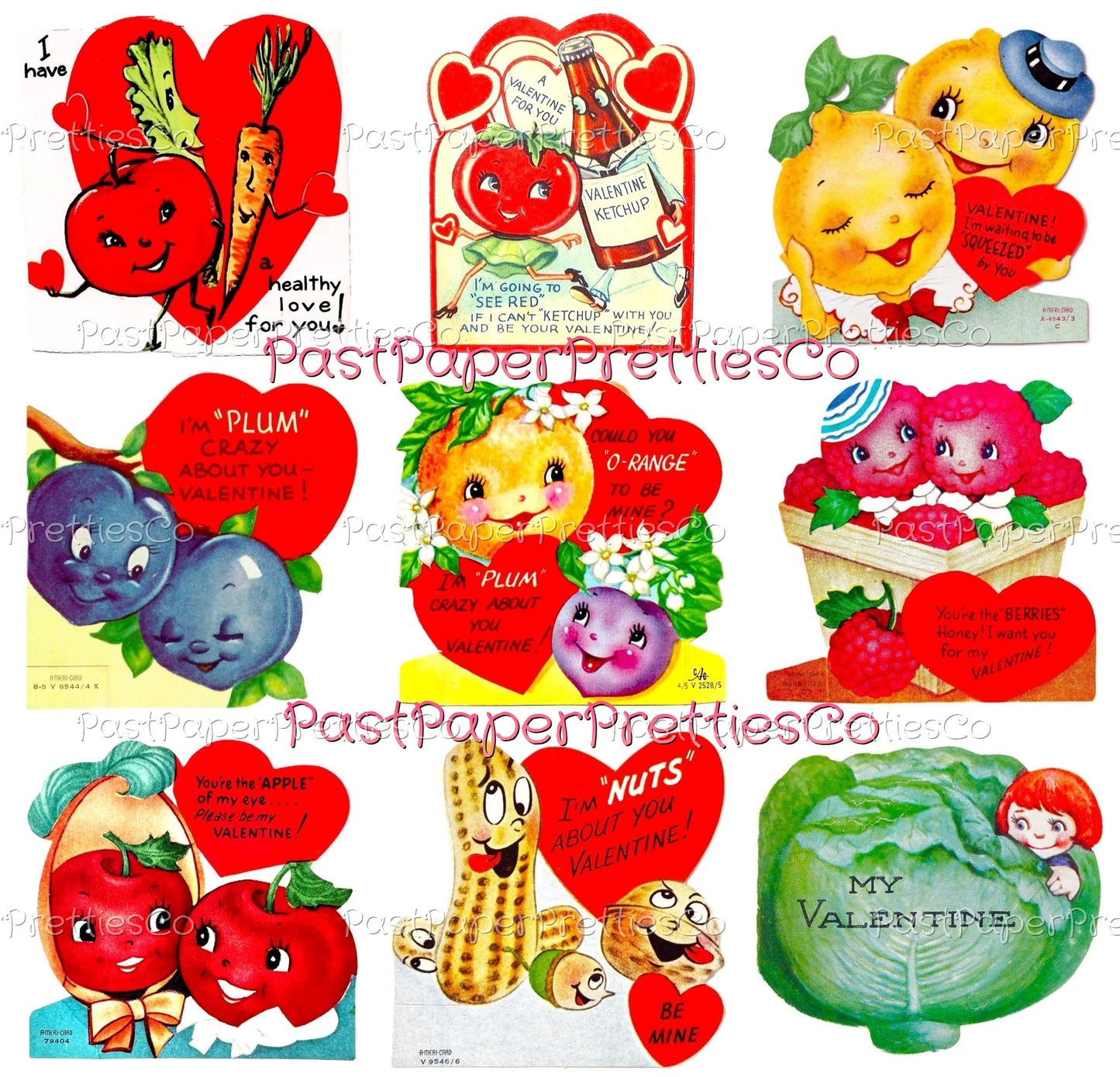 Vintage Food-In-Love Valentine Cards Images Anthropomorphic Fruit Veggies Couples Collage Sheets Printable PDF Instant Digital Download