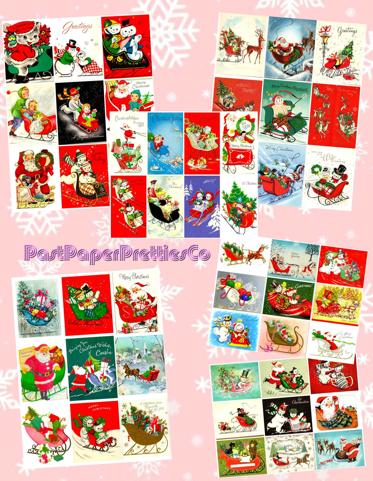 Vintage Christmas Sleighs Collage Sheets Retro MCM 62 Card Images PDF Instant Digital Download Merry Kitschmas Xmas Clipart