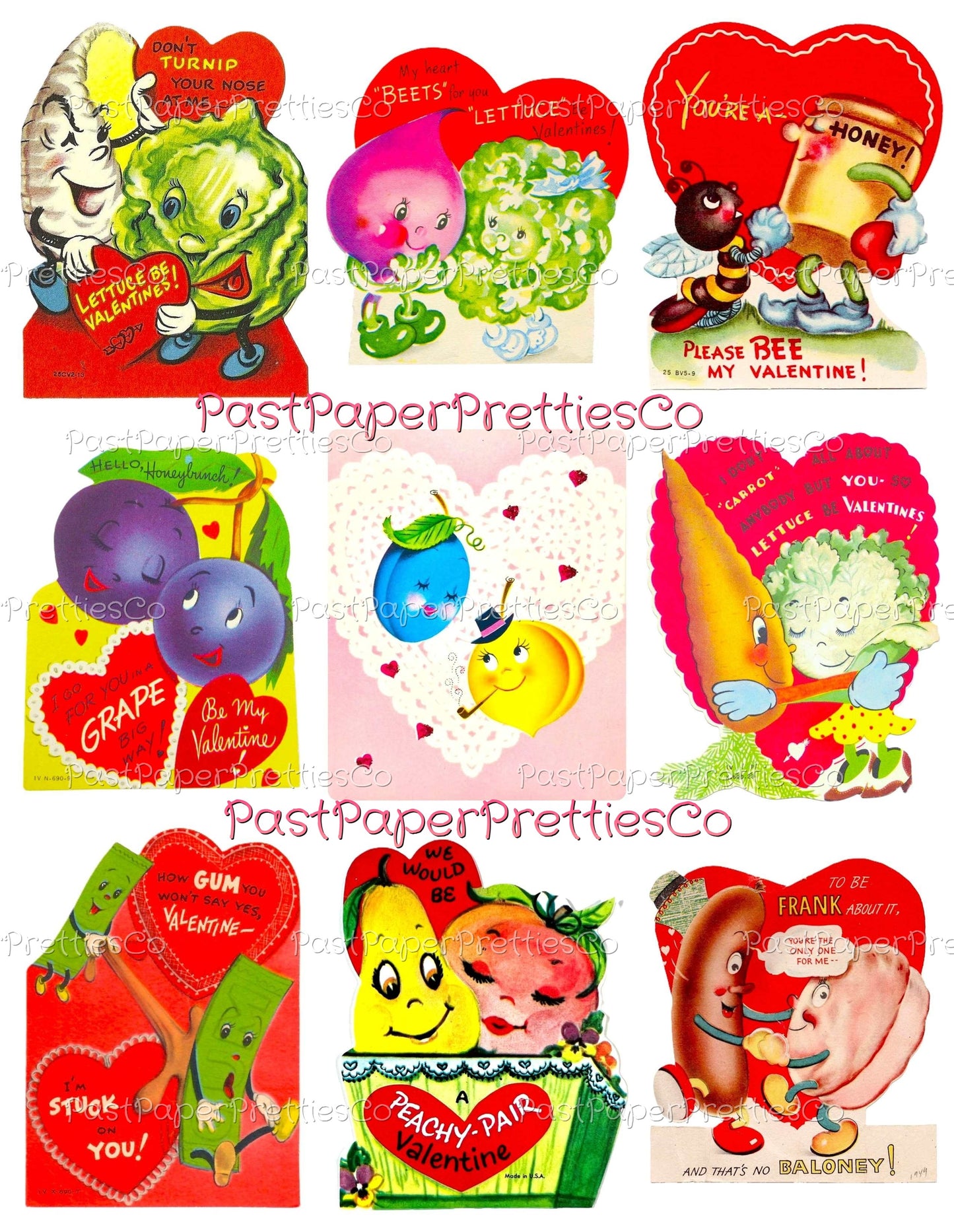 Vintage Food-In-Love Valentine Cards Images Anthropomorphic Fruit Veggies Couples Collage Sheets Printable PDF Instant Digital Download