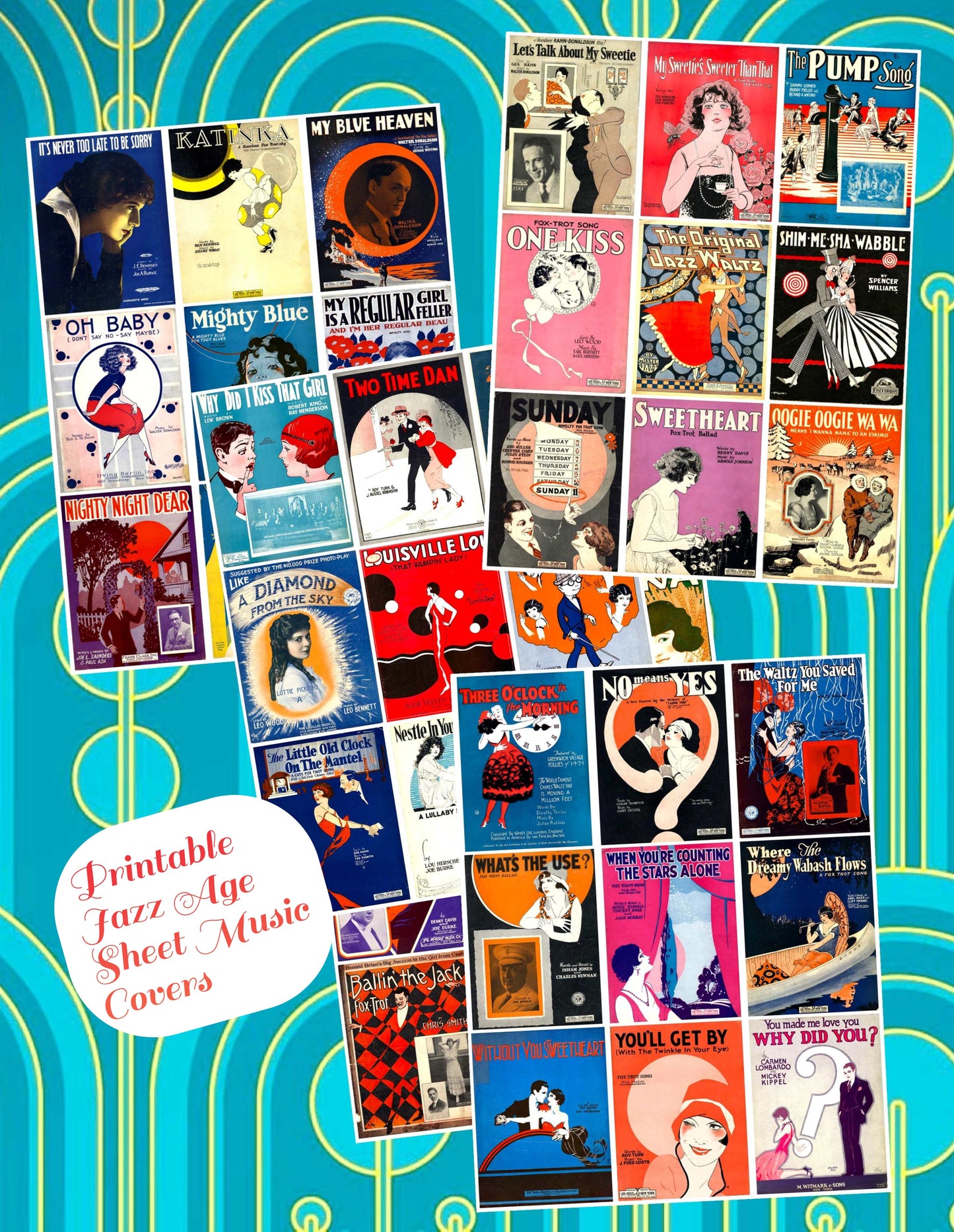 Vintage Jazz Era Sheet Music Covers Collage Images Printable PDF Instant Digital Download Flappers Tuxedoed Men Romance Art Deco Roaring 20s