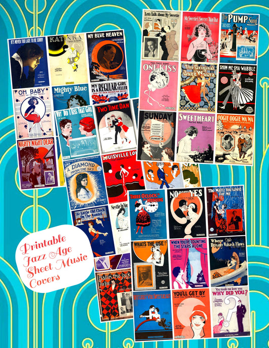 Vintage Jazz Era Sheet Music Covers Collage Images Printable PDF Instant Digital Download Flappers Tuxedoed Men Romance Art Deco Roaring 20s