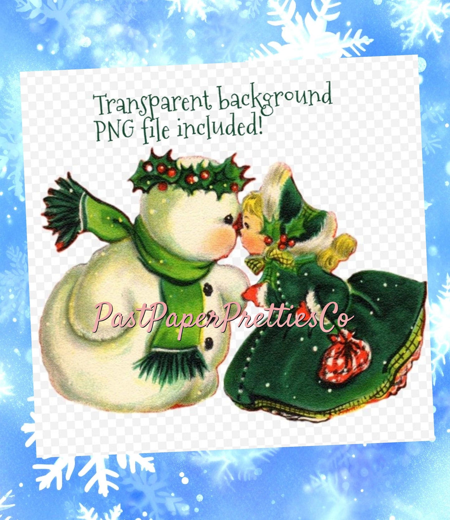 Vintage Printable Little Miss Christmas Cute Girl Kissing Snowman Card Image Retro 1950s Instant Digital Download Kitsch Holiday Clip Art