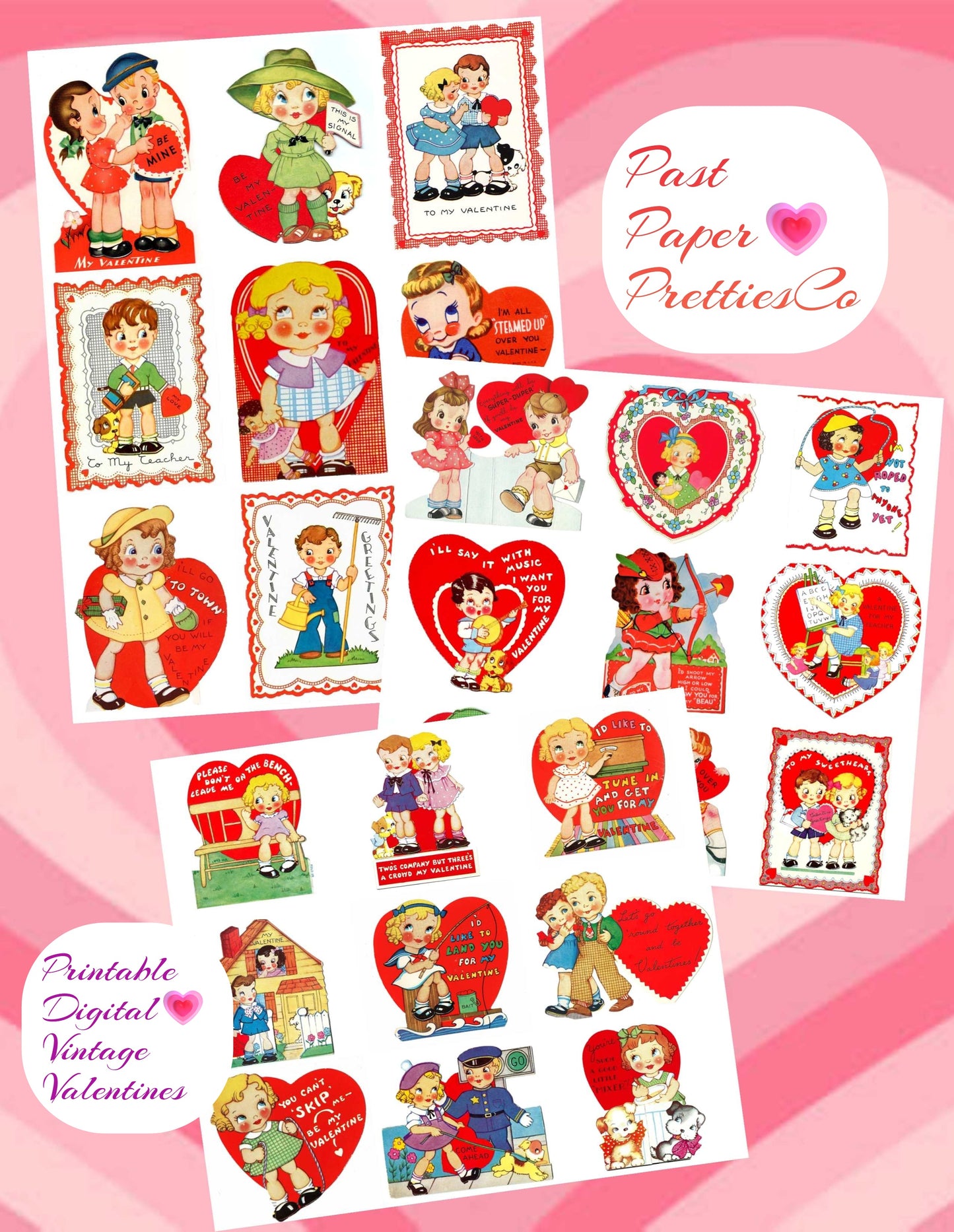 27 Vintage Big Eyed Children Valentine Cards Collage Sheets Cute Kitsch Girls Boys Printable PDF Instant Digital Download 1930s